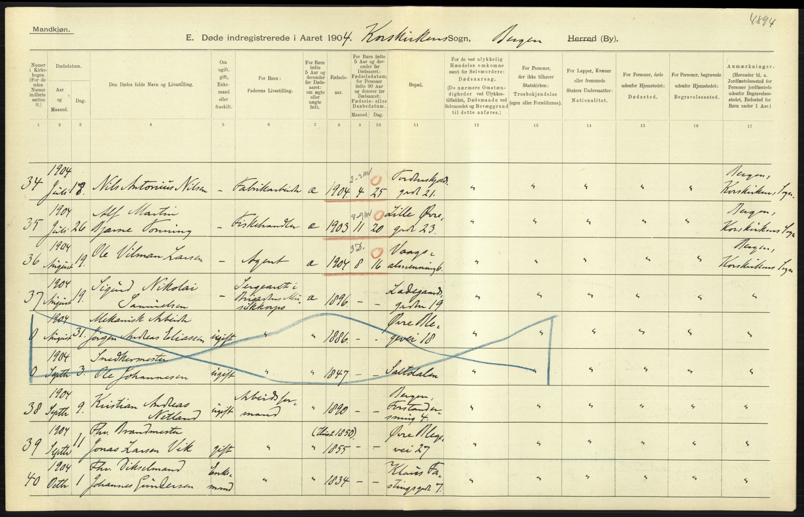 Statistisk sentralbyrå, Sosiodemografiske emner, Befolkning, AV/RA-S-2228/D/Df/Dfa/Dfab/L0014: Bergen: Fødte, gifte, døde, 1904, s. 365