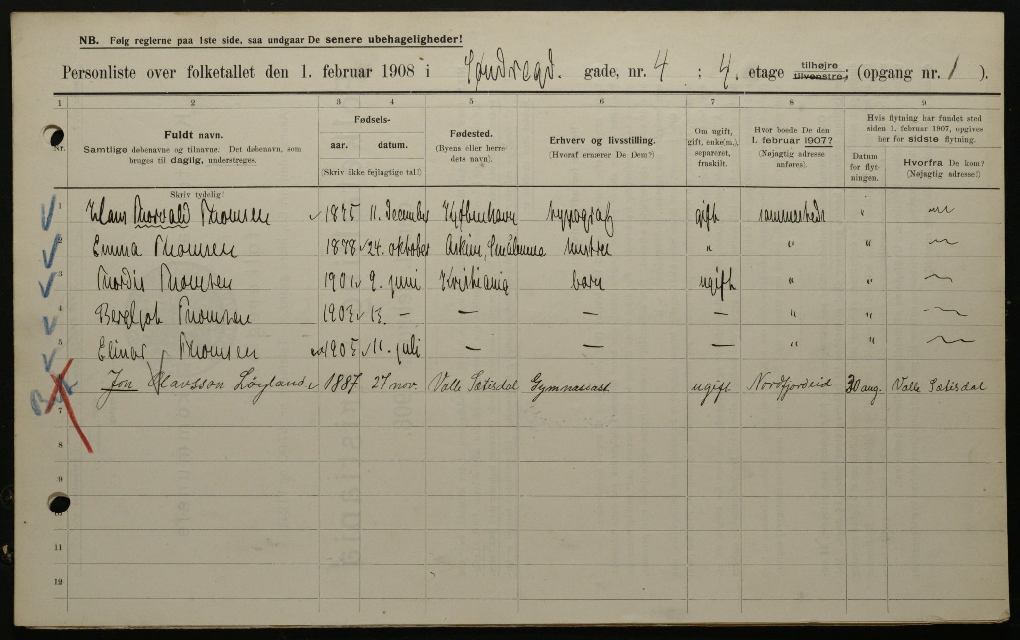 OBA, Kommunal folketelling 1.2.1908 for Kristiania kjøpstad, 1908, s. 95560