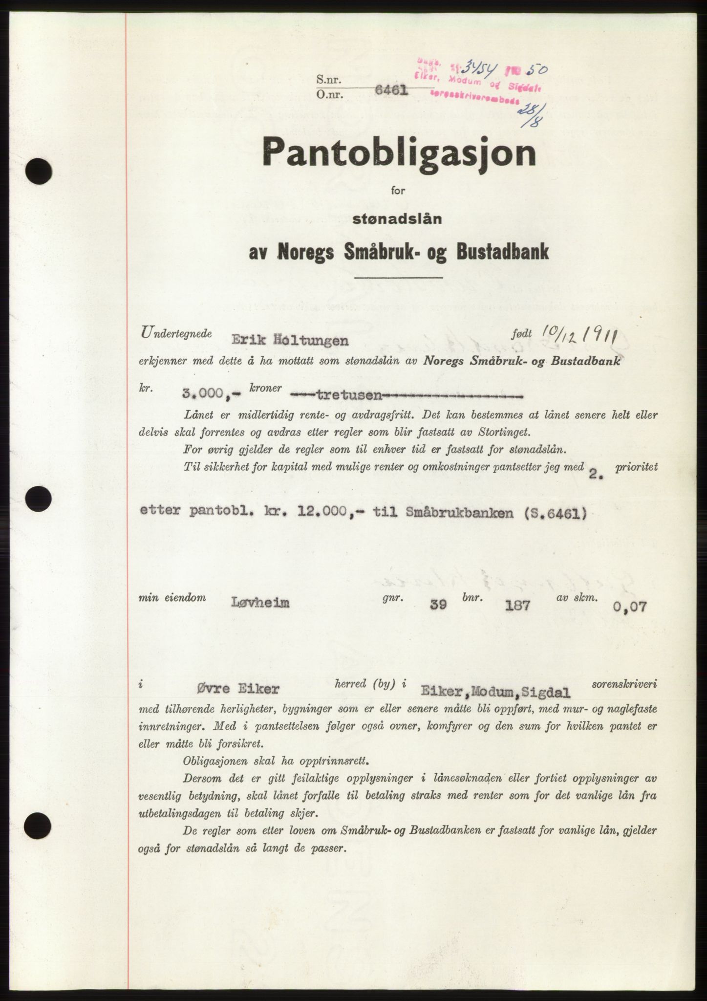 Eiker, Modum og Sigdal sorenskriveri, SAKO/A-123/G/Ga/Gac/L0008: Pantebok nr. B10, 1950-1950, Dagboknr: 3454/1950
