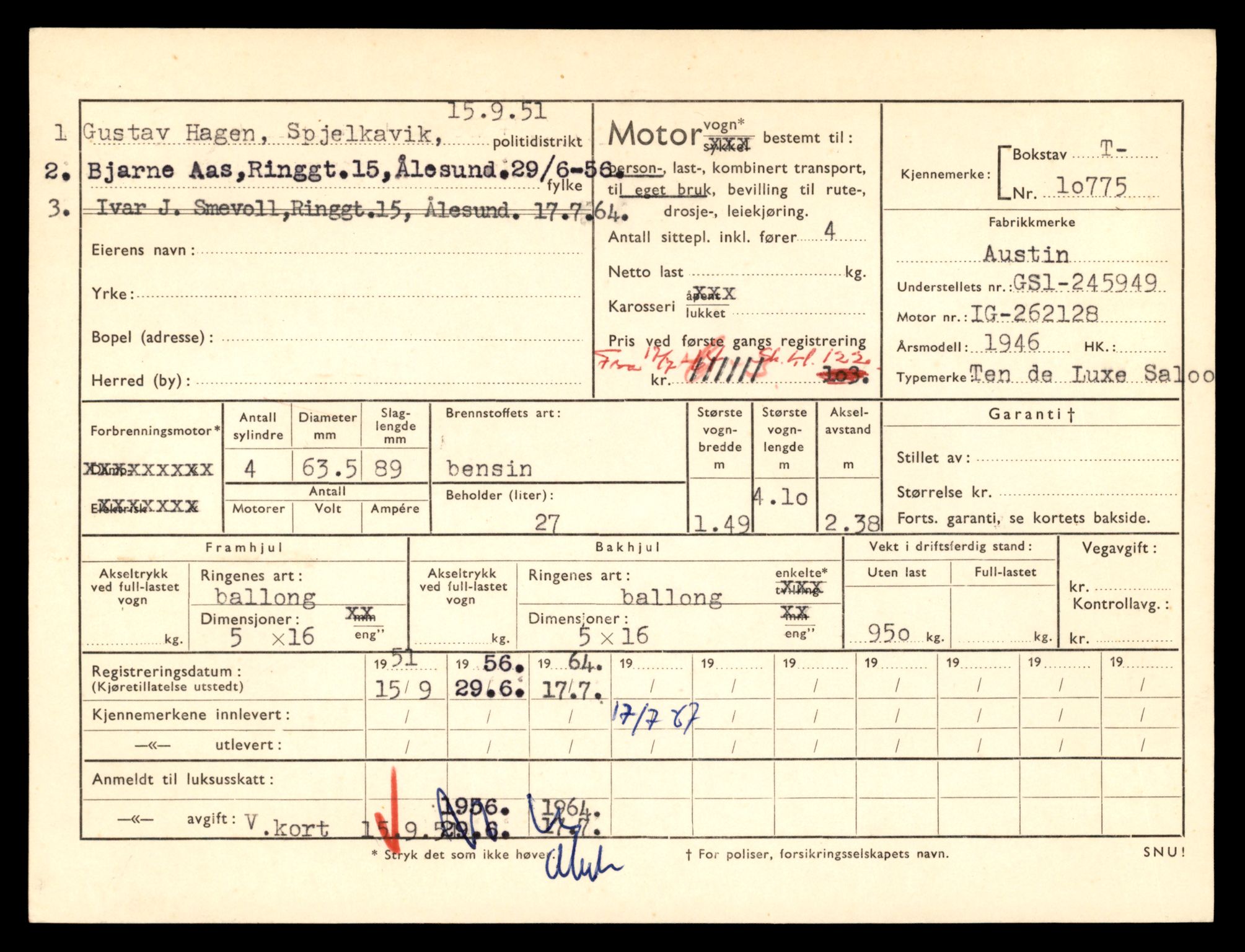 Møre og Romsdal vegkontor - Ålesund trafikkstasjon, AV/SAT-A-4099/F/Fe/L0023: Registreringskort for kjøretøy T 10695 - T 10809, 1927-1998, s. 2223