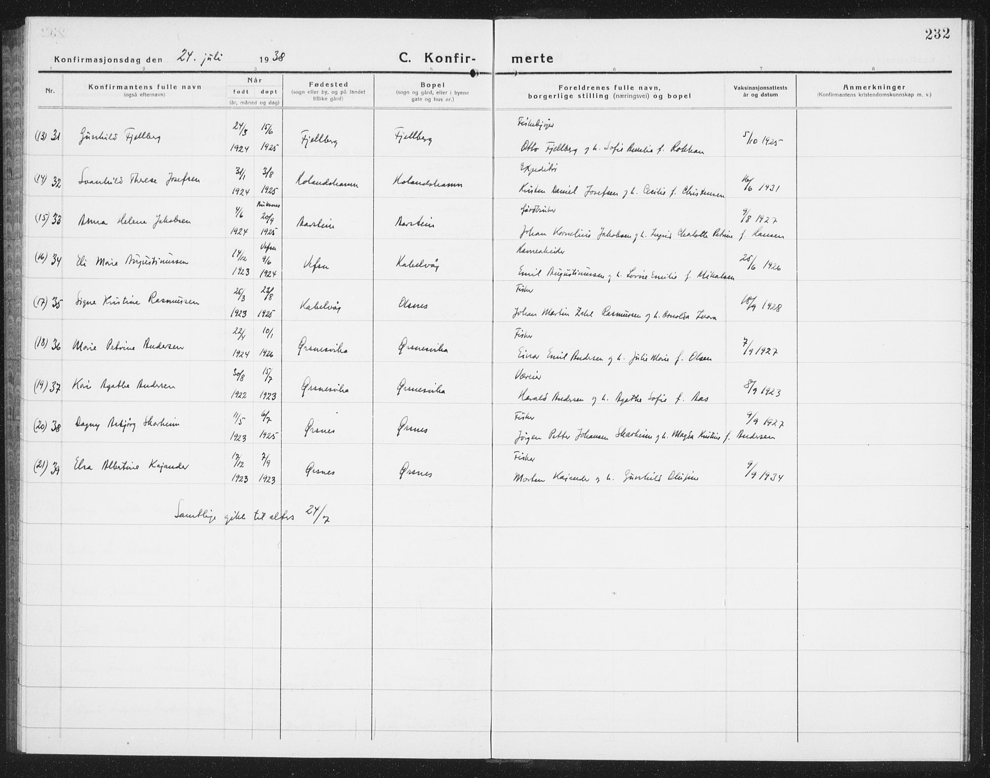 Ministerialprotokoller, klokkerbøker og fødselsregistre - Nordland, AV/SAT-A-1459/874/L1081: Klokkerbok nr. 874C10, 1925-1941, s. 232
