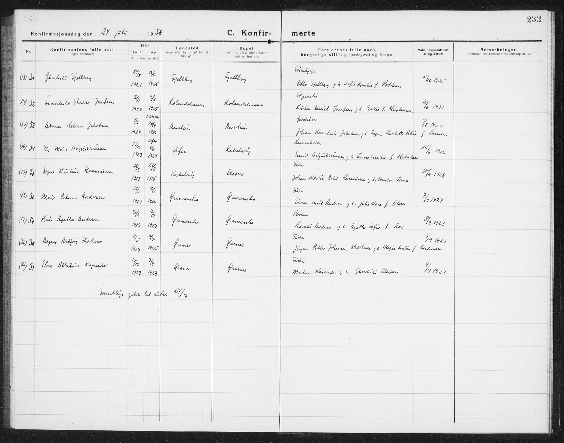 Ministerialprotokoller, klokkerbøker og fødselsregistre - Nordland, SAT/A-1459/874/L1081: Klokkerbok nr. 874C10, 1925-1941, s. 232