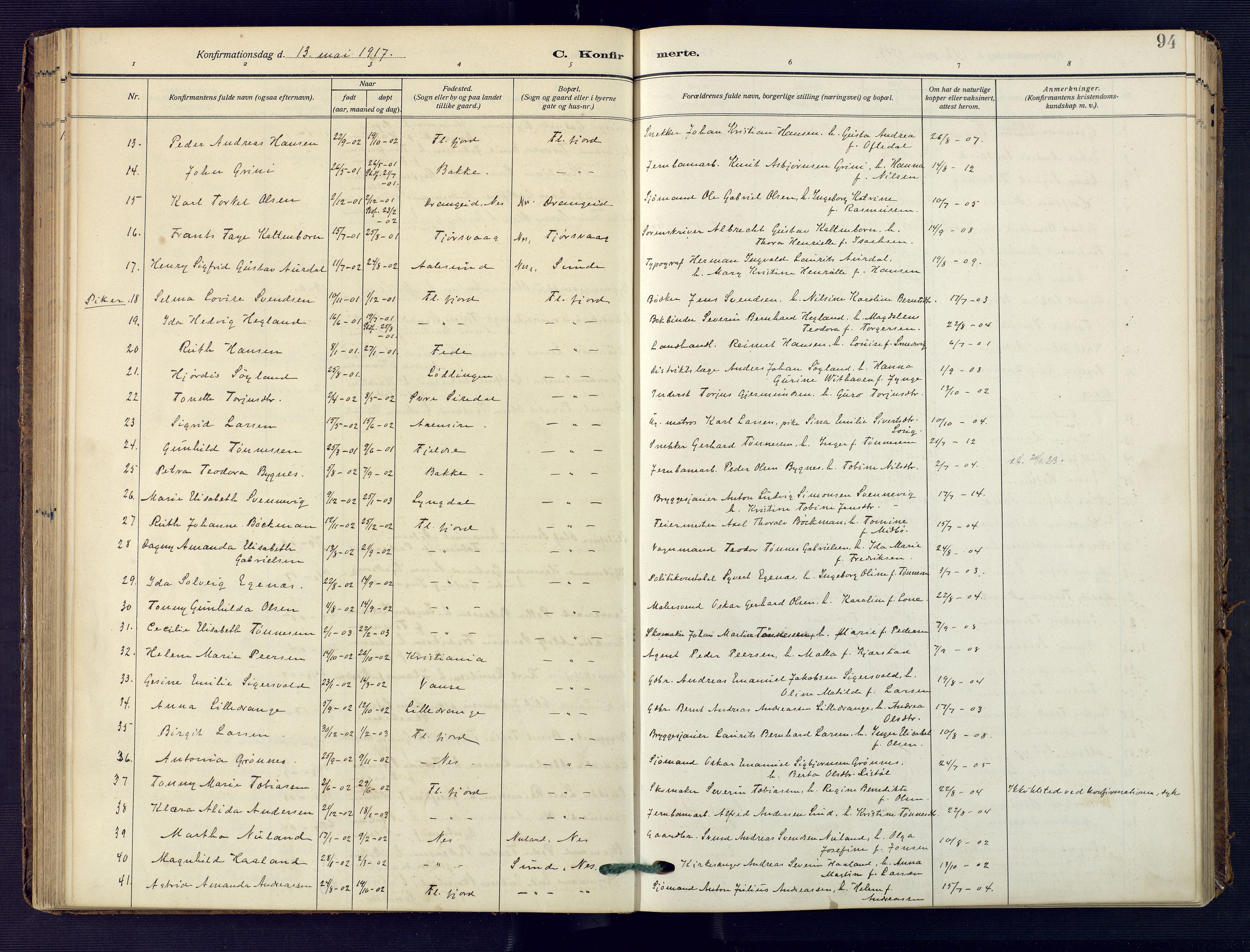 Flekkefjord sokneprestkontor, AV/SAK-1111-0012/F/Fa/Faa/L0003: Ministerialbok nr. A 3, 1913-1928, s. 94