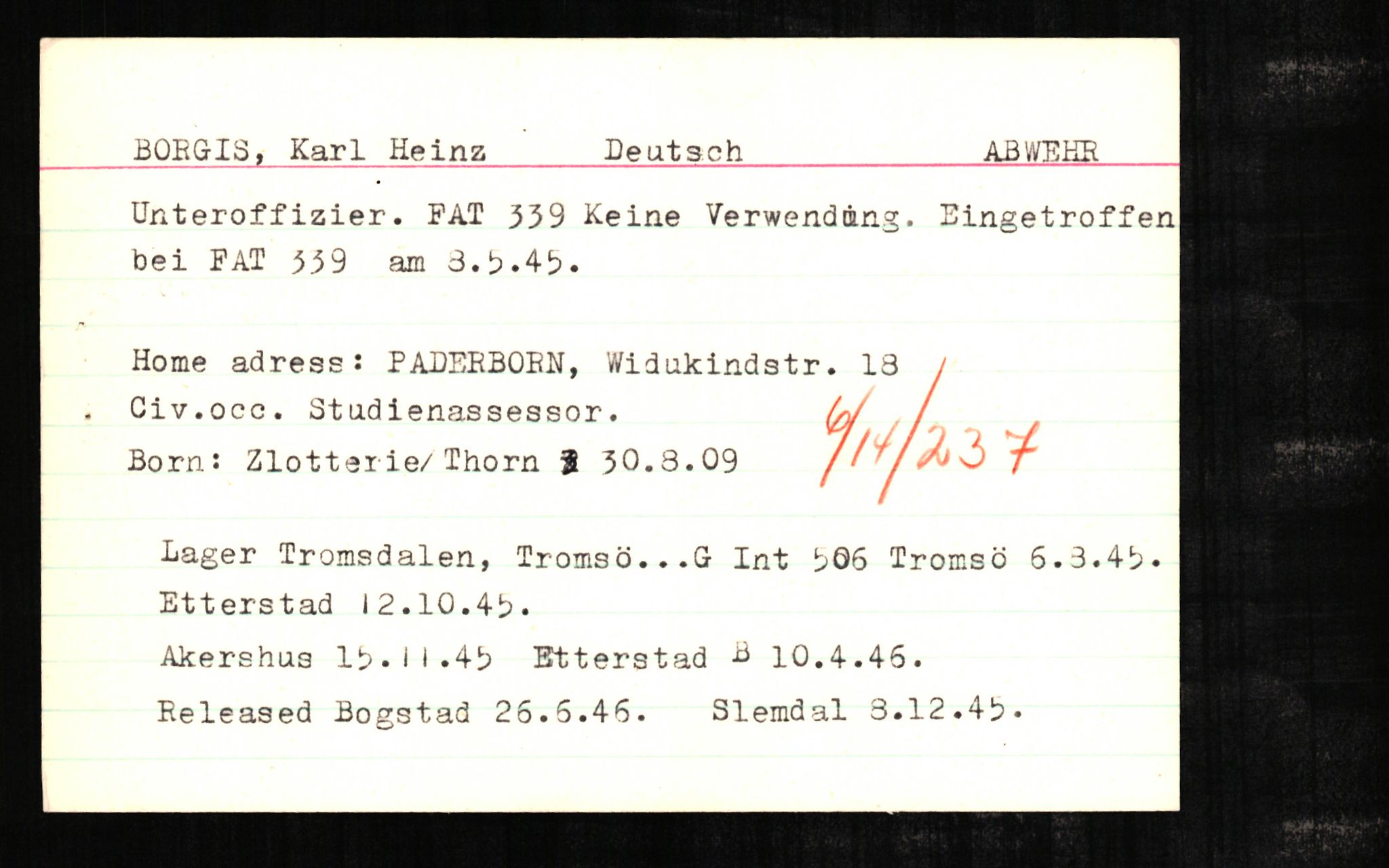 Forsvaret, Forsvarets overkommando II, AV/RA-RAFA-3915/D/Db/L0003: CI Questionaires. Tyske okkupasjonsstyrker i Norge. Tyskere., 1945-1946, s. 616