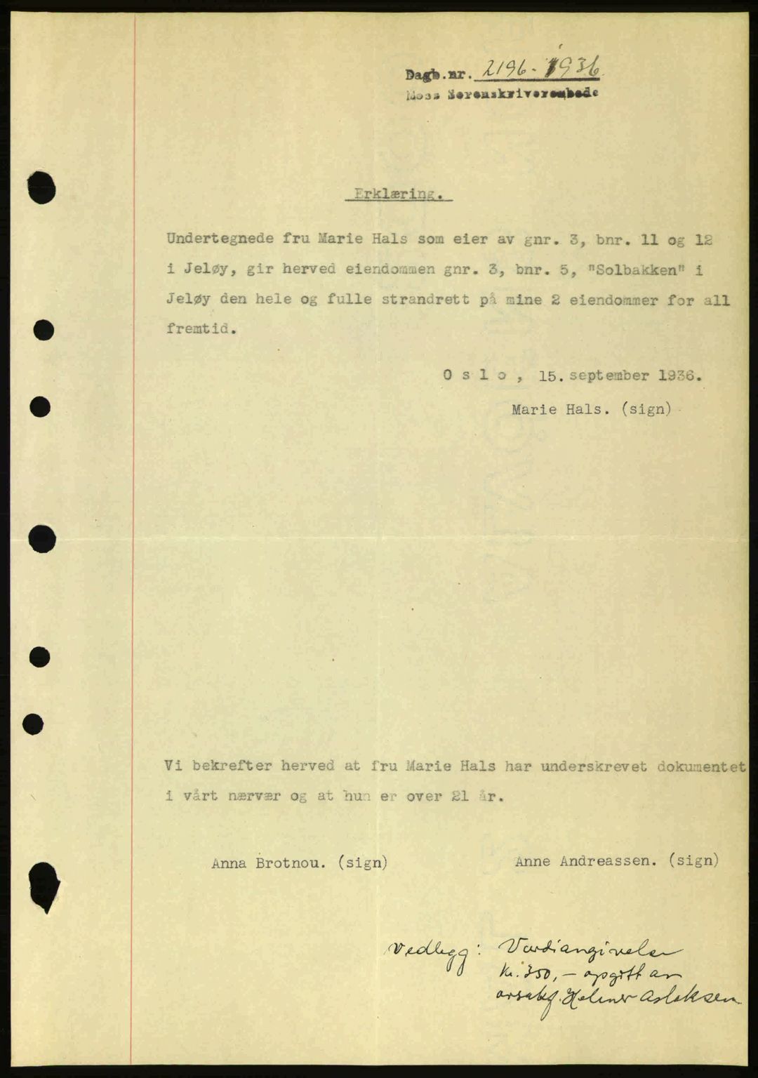 Moss sorenskriveri, SAO/A-10168: Pantebok nr. A2, 1936-1937, Dagboknr: 2196/1936