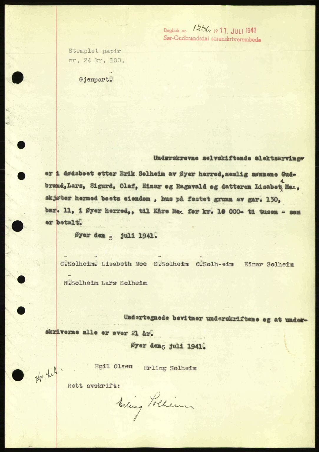 Sør-Gudbrandsdal tingrett, SAH/TING-004/H/Hb/Hbd/L0009: Pantebok nr. A9, 1941-1941, Dagboknr: 1236/1941