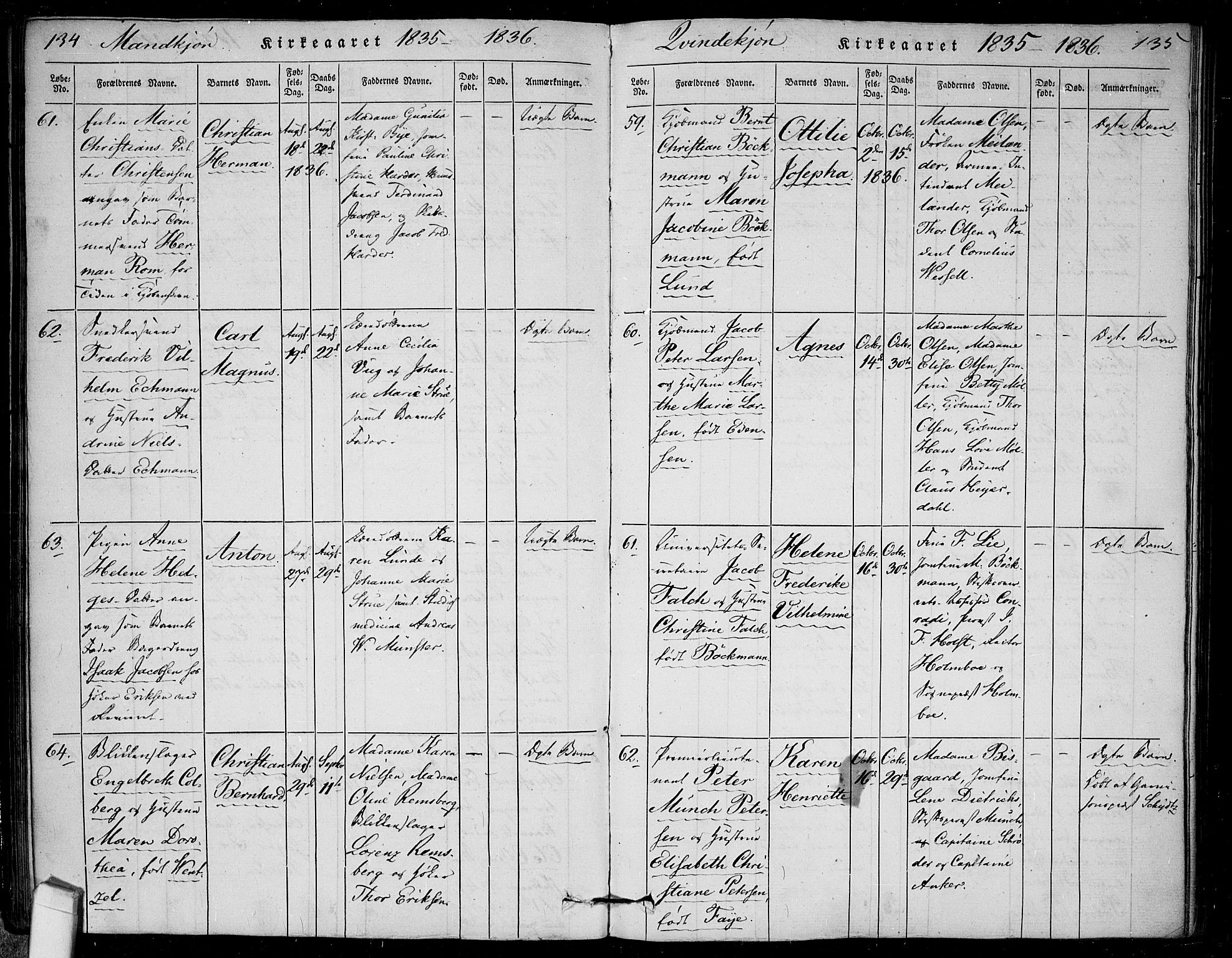 Rikshospitalet prestekontor Kirkebøker, AV/SAO-A-10309b/F/L0002: Ministerialbok nr. 2, 1832-1840, s. 134-135