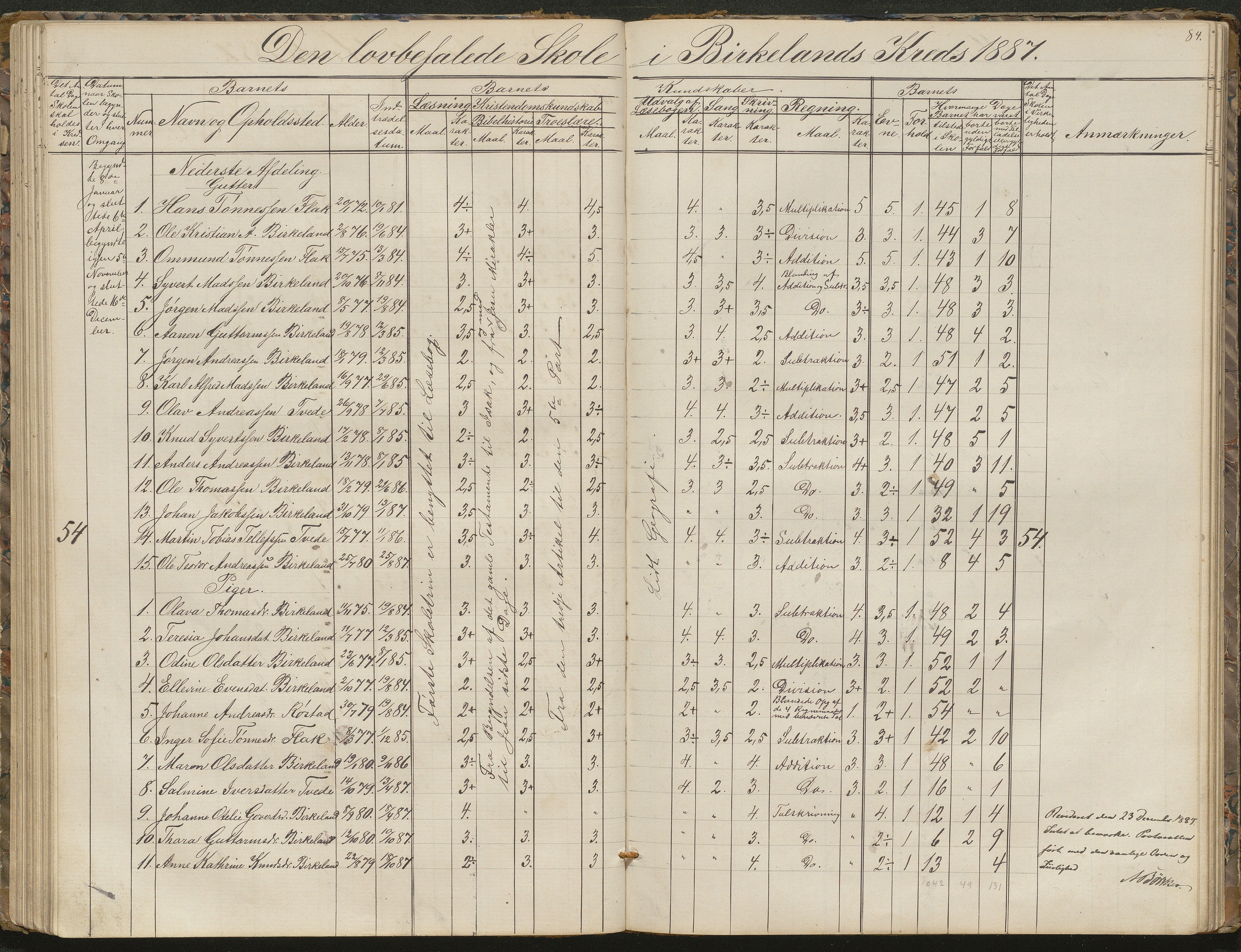 Birkenes kommune, Birkenes krets/Birkeland folkeskole frem til 1991, AAKS/KA0928-550a_91/F02/L0001: Skoleprotokoll, 1862-1896, s. 84