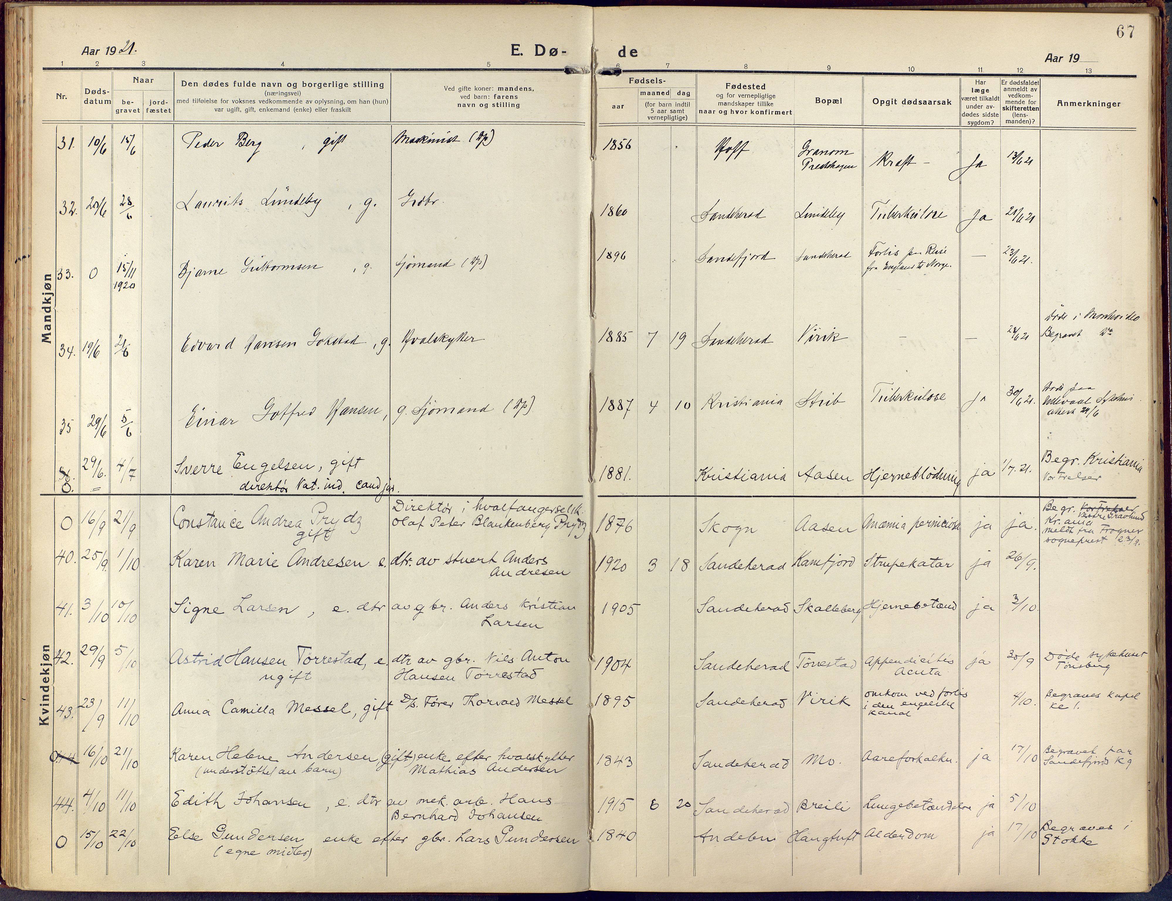 Sandar kirkebøker, AV/SAKO-A-243/F/Fa/L0021: Ministerialbok nr. 21, 1919-1925, s. 67