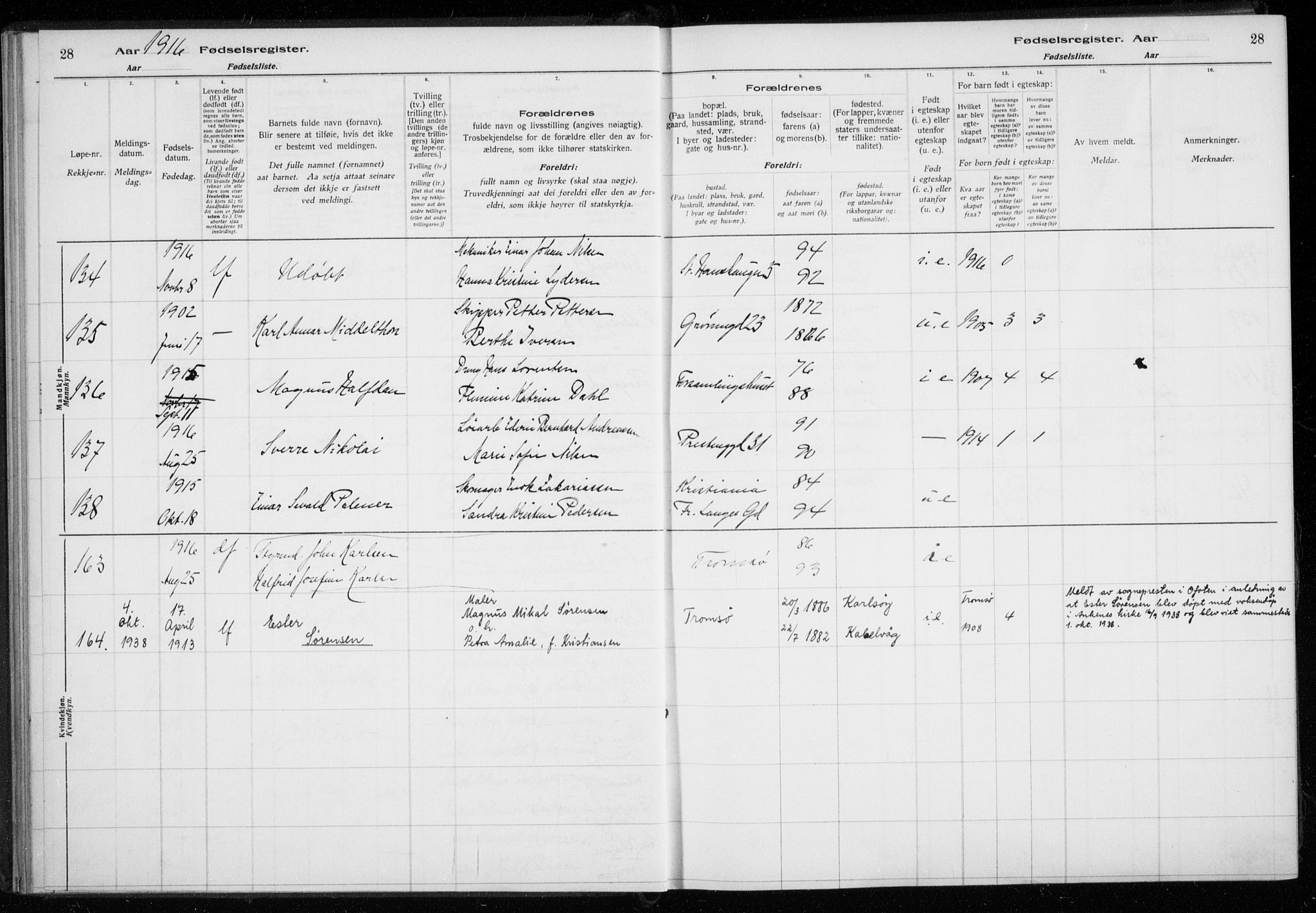 Tromsø sokneprestkontor/stiftsprosti/domprosti, AV/SATØ-S-1343/H/Ha/L0131: Fødselsregister nr. 131, 1916-1921, s. 28