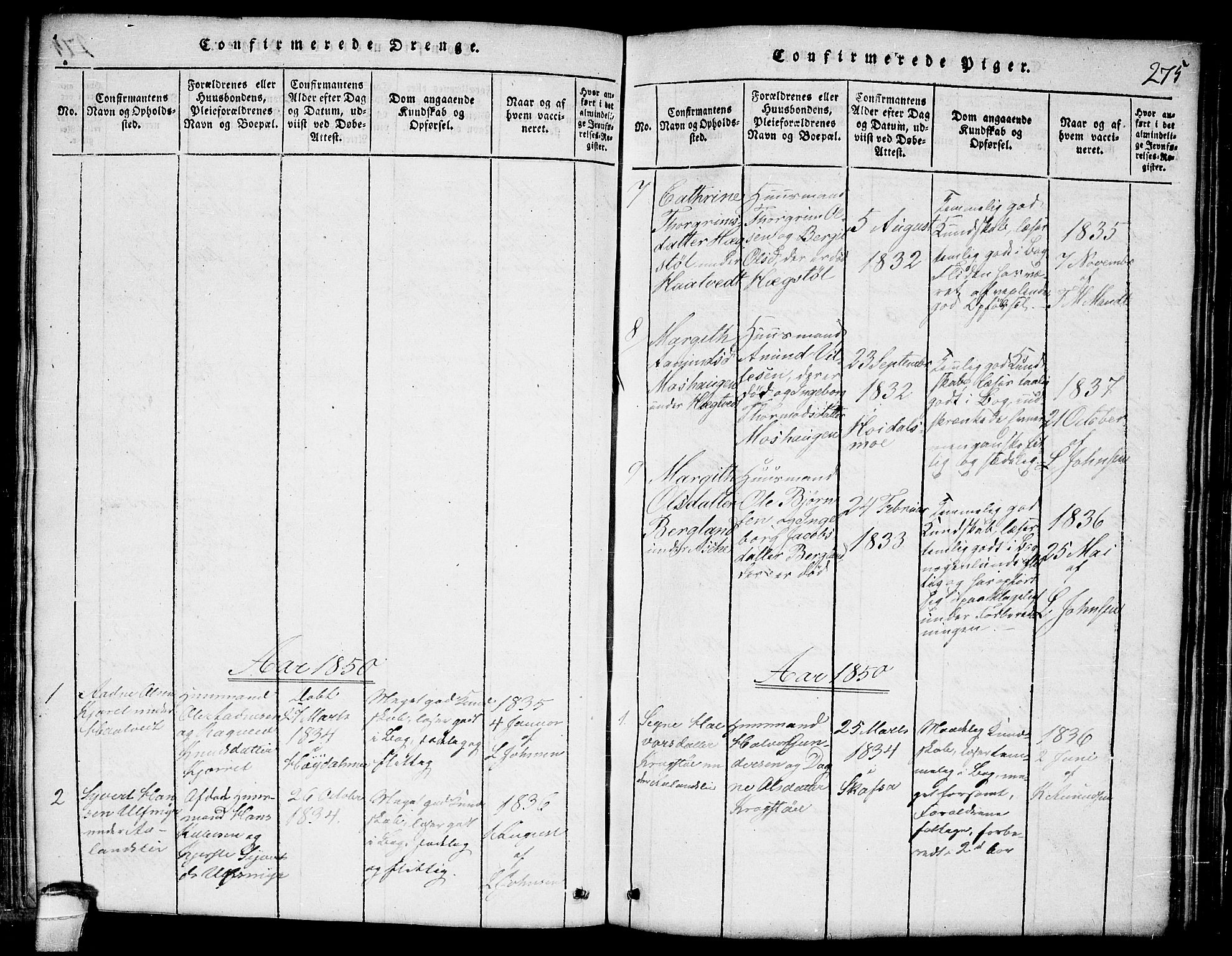 Lårdal kirkebøker, SAKO/A-284/G/Ga/L0001: Klokkerbok nr. I 1, 1815-1861, s. 275