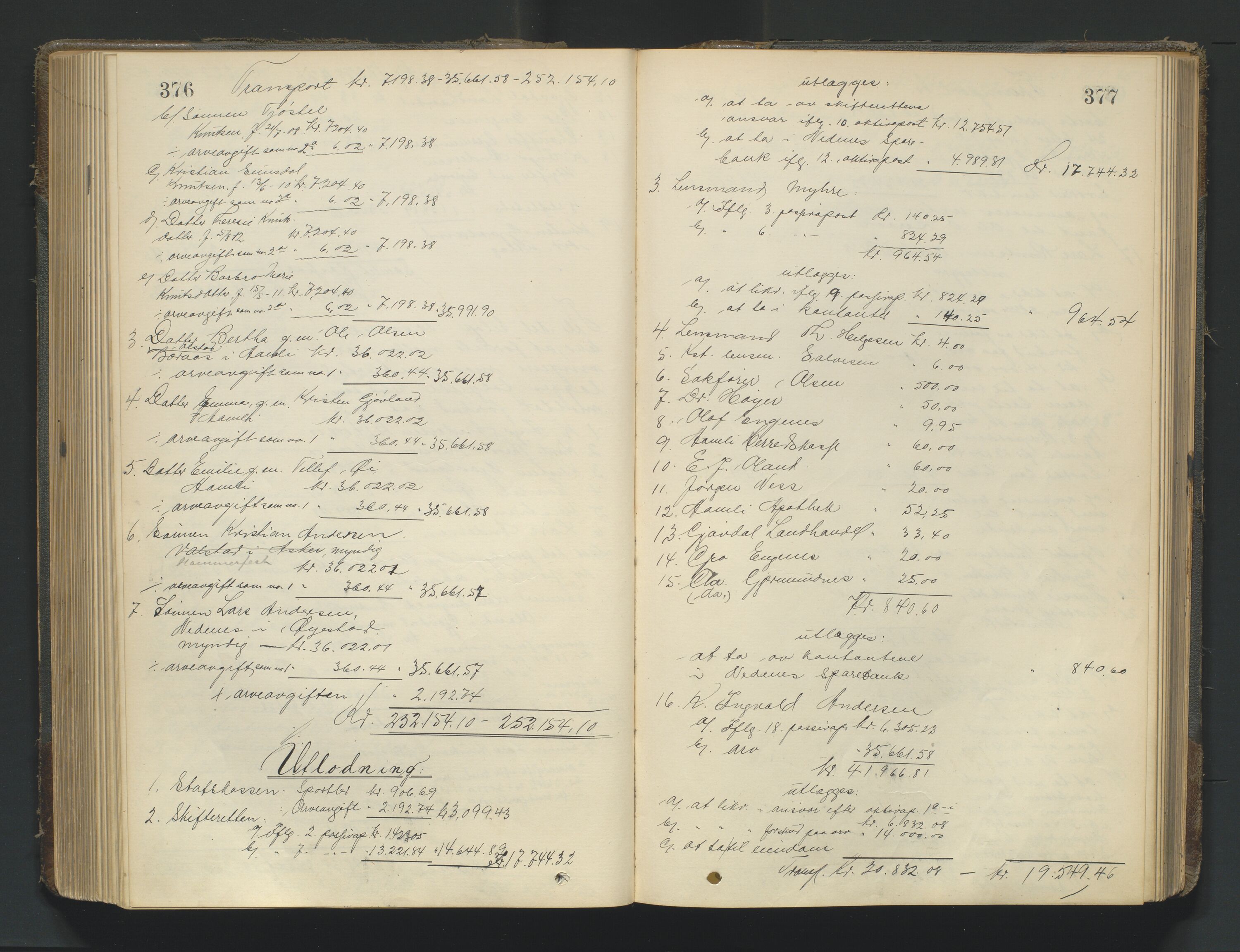 Nedenes sorenskriveri, AV/SAK-1221-0006/H/Hc/L0022: Skifteutlodningsprotokoll nr 8, 1919-1926, s. 376-377