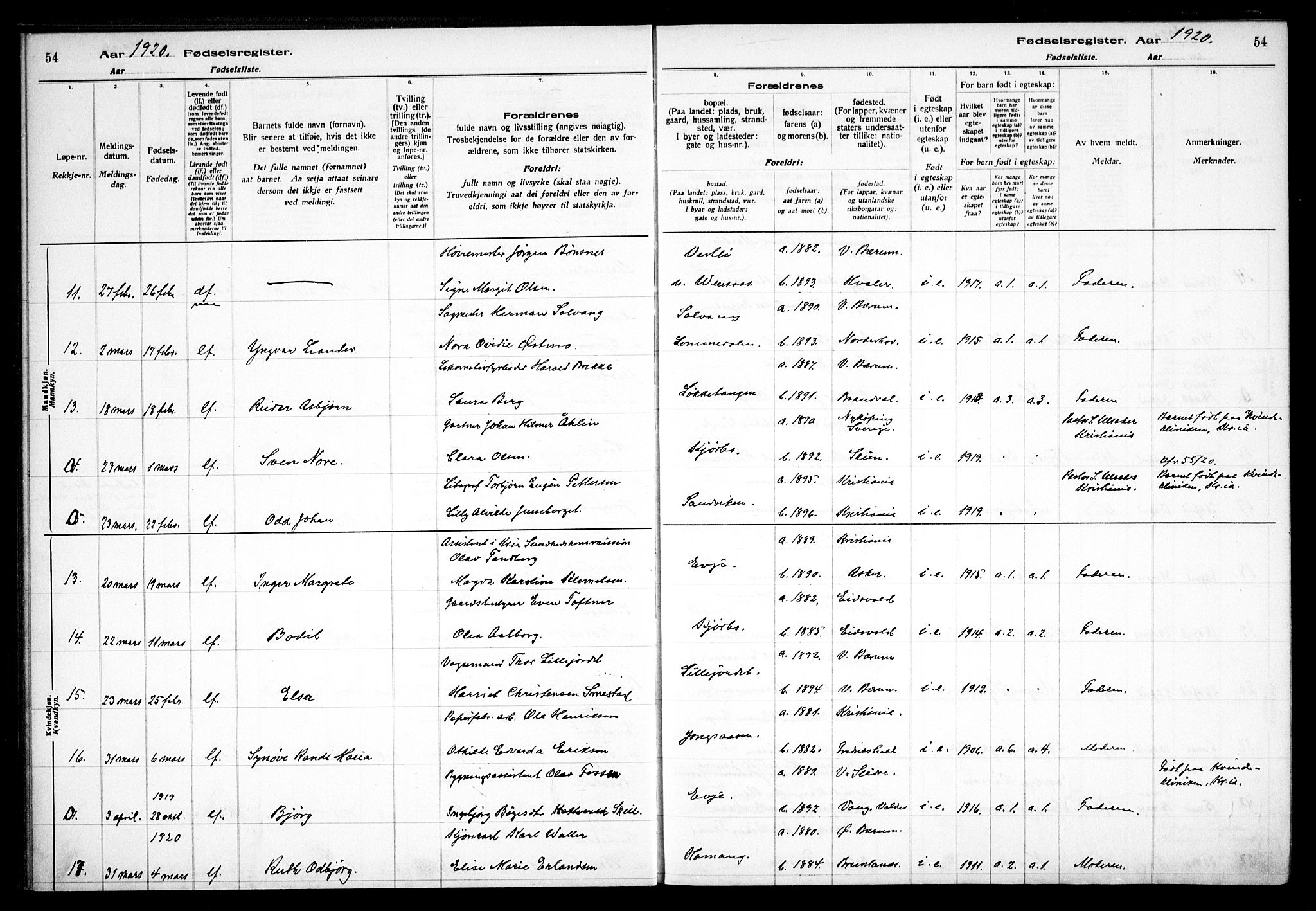 Vestre Bærum prestekontor Kirkebøker, SAO/A-10209a/J/L0001: Fødselsregister nr. 1, 1916-1926, s. 54