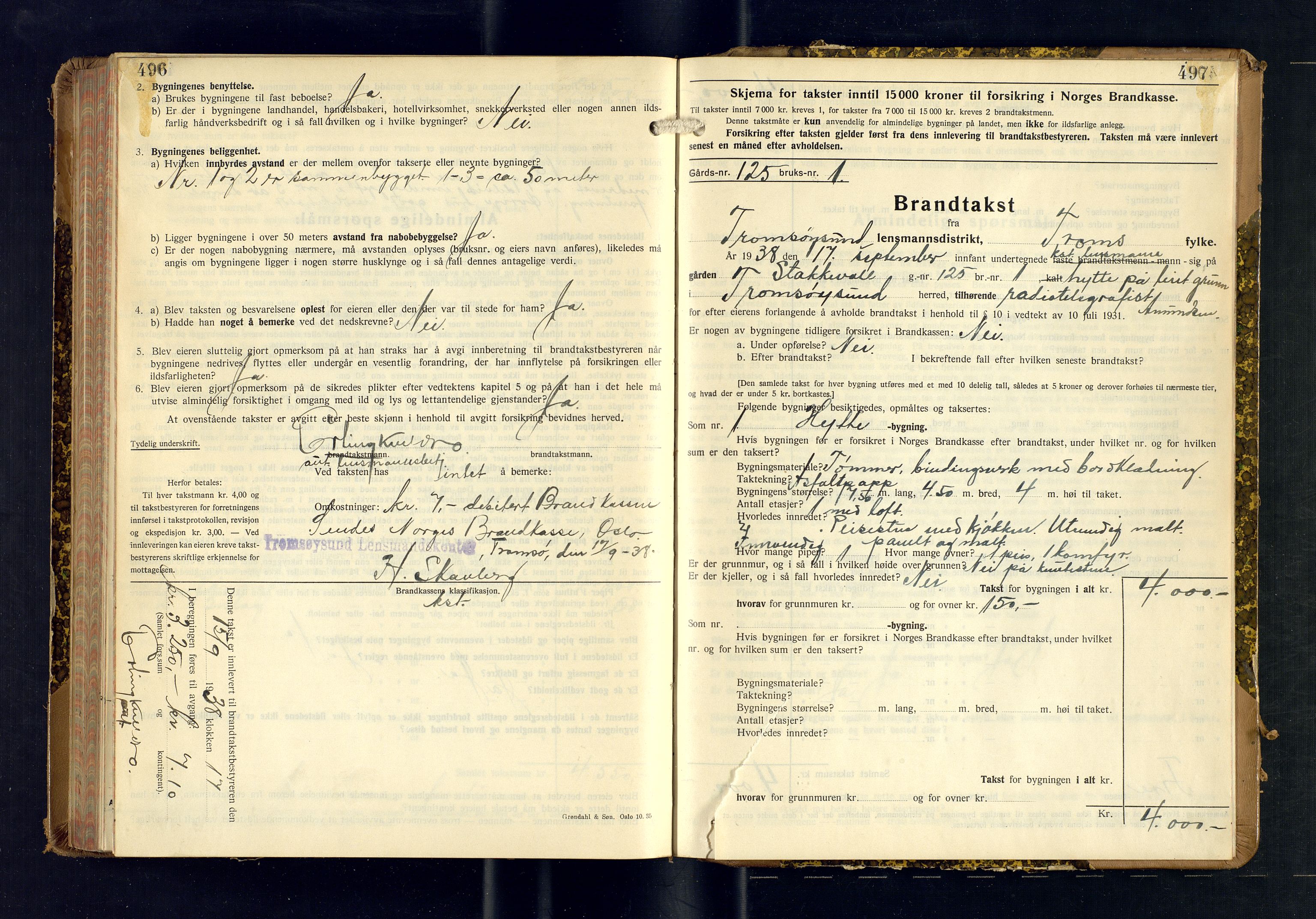 Tromsøysund lensmannskontor, AV/SATØ-SATØ-12/F/Fs/Fsb/L0755: Branntakstprotokoll (S). Med register, 1937-1938, s. 496-497