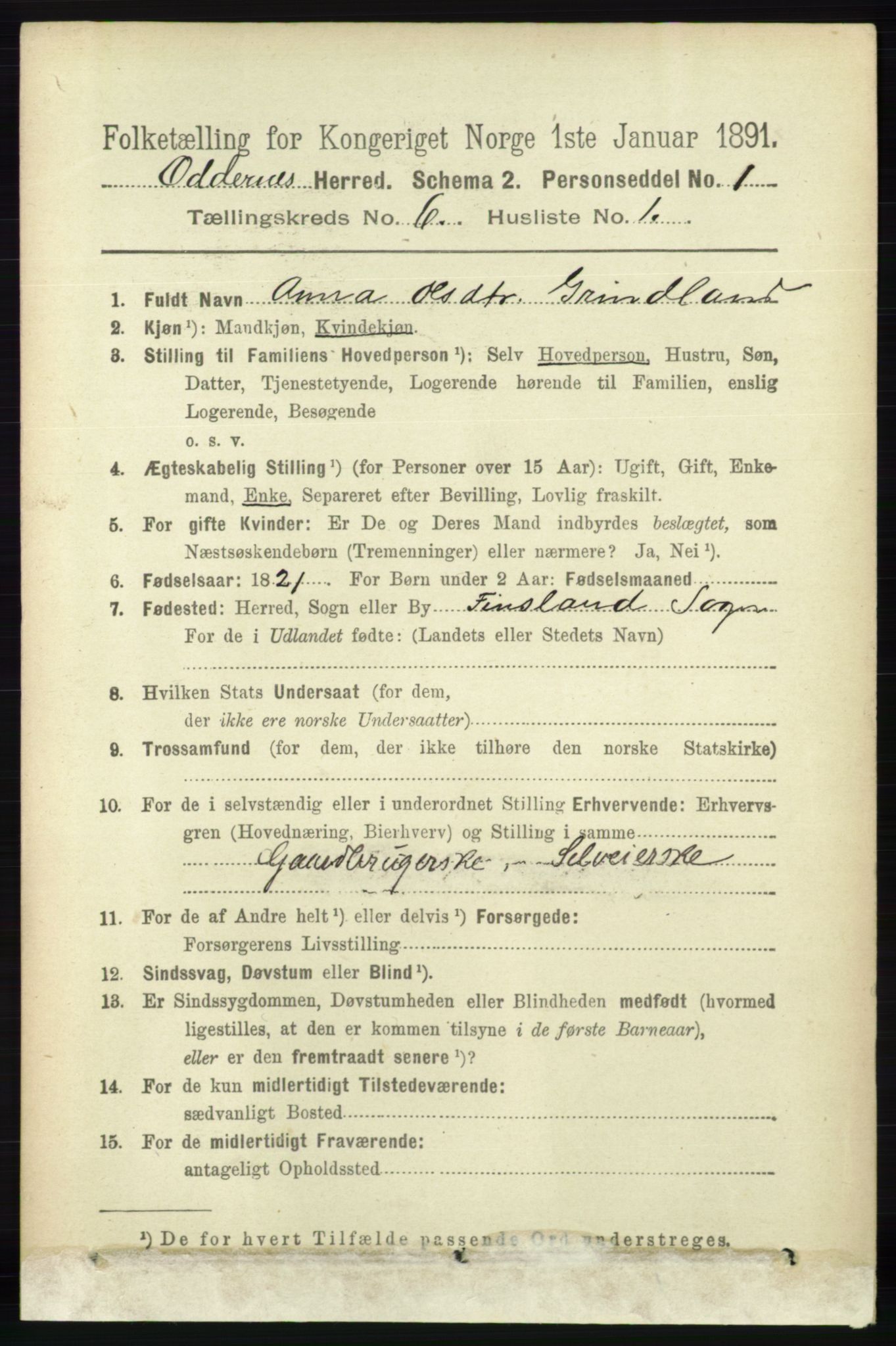 RA, Folketelling 1891 for 1012 Oddernes herred, 1891, s. 2197