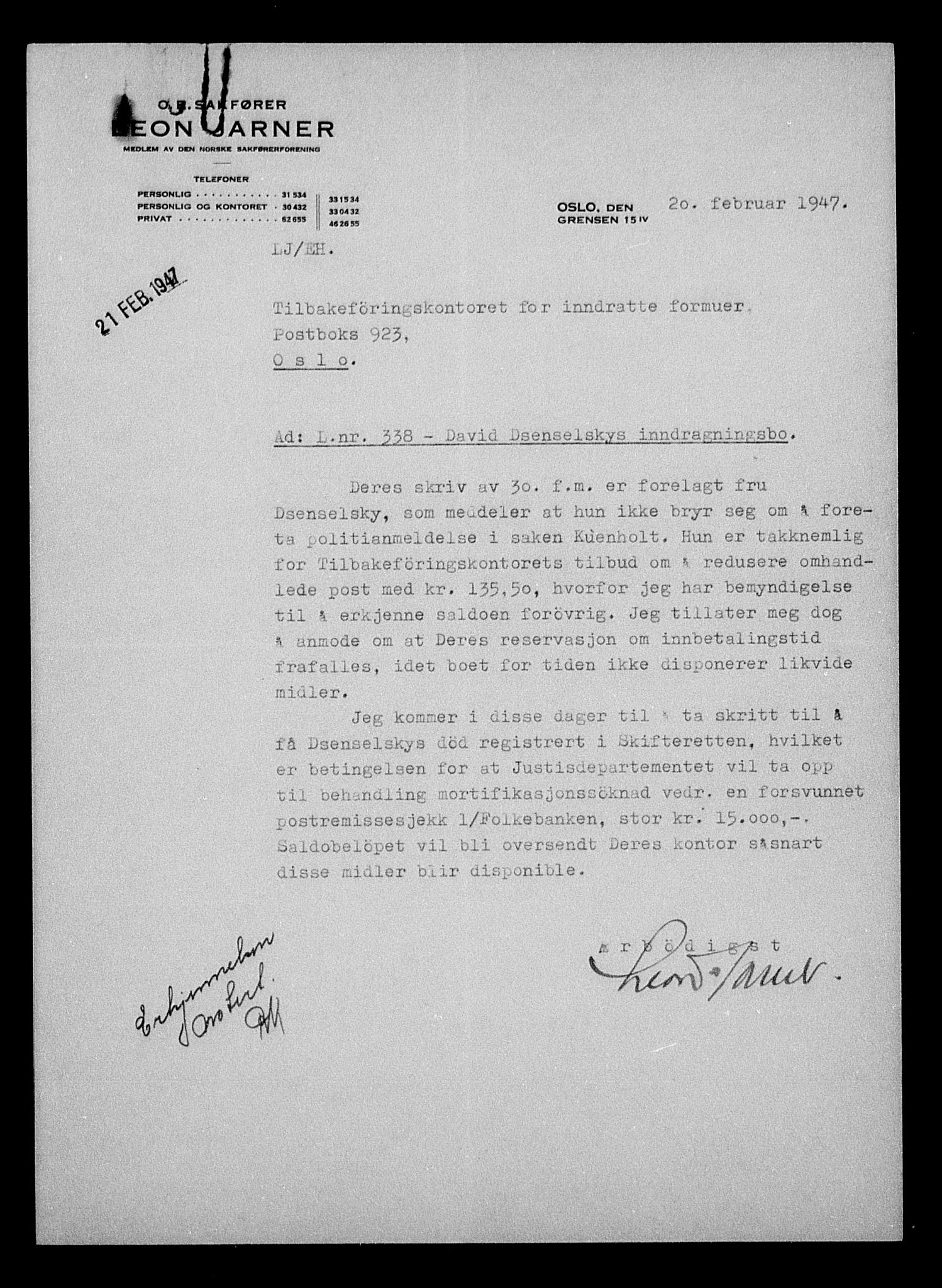 Justisdepartementet, Tilbakeføringskontoret for inndratte formuer, AV/RA-S-1564/H/Hc/Hcc/L0931: --, 1945-1947, s. 296