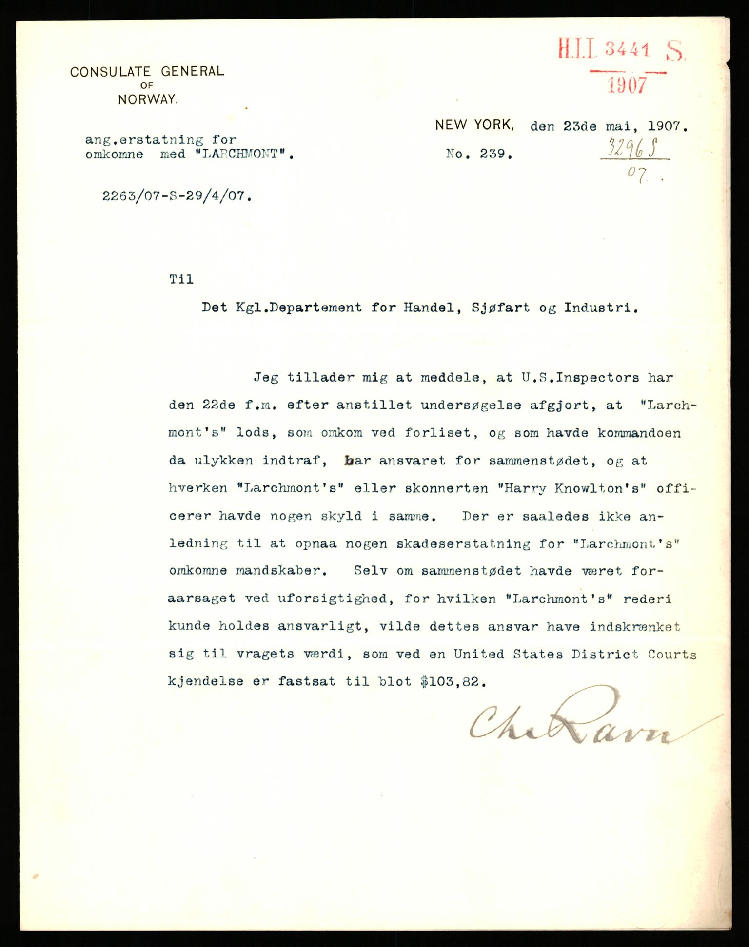 Handelsdepartementet, Sjøfartsavdelingen, 1. sjømannskontor, AV/RA-S-1405/D/Dm/L0010: Forliste skip Lar - Min, 1906-1920, s. 178