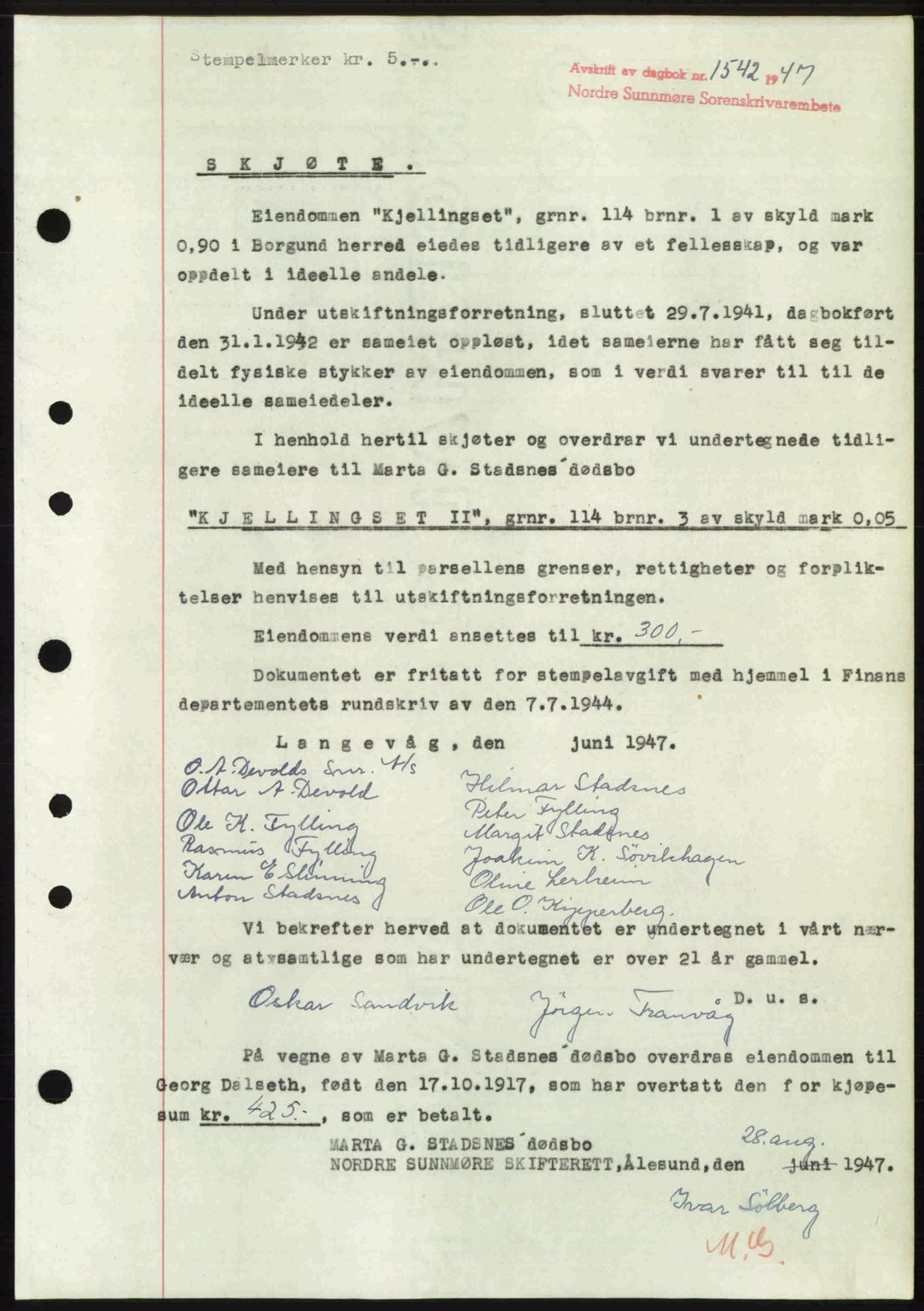 Nordre Sunnmøre sorenskriveri, AV/SAT-A-0006/1/2/2C/2Ca: Pantebok nr. A25, 1947-1947, Dagboknr: 1542/1947