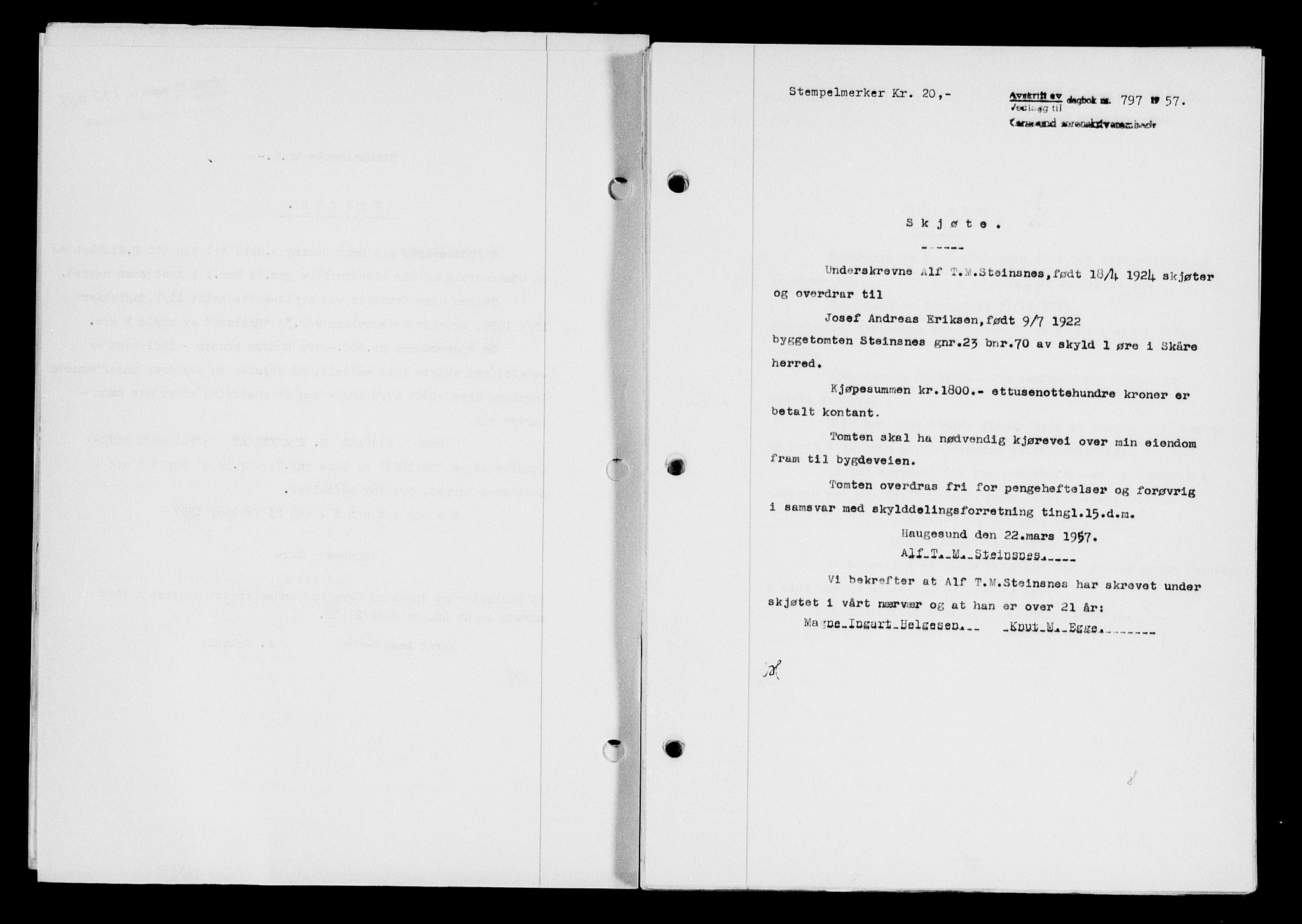 Karmsund sorenskriveri, SAST/A-100311/01/II/IIB/L0124: Pantebok nr. 104A, 1957-1957, Dagboknr: 797/1957