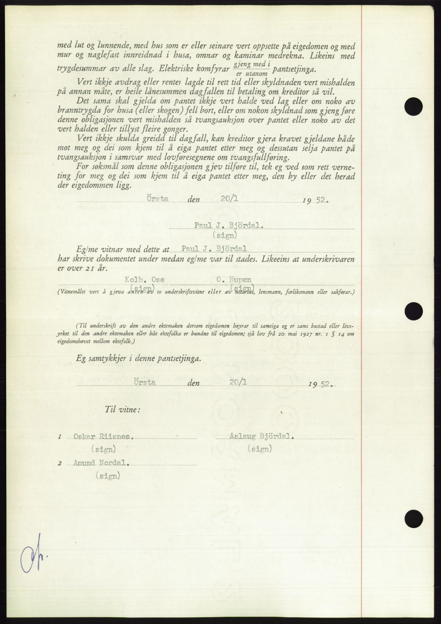 Søre Sunnmøre sorenskriveri, AV/SAT-A-4122/1/2/2C/L0121: Pantebok nr. 9B, 1951-1952, Dagboknr: 347/1952