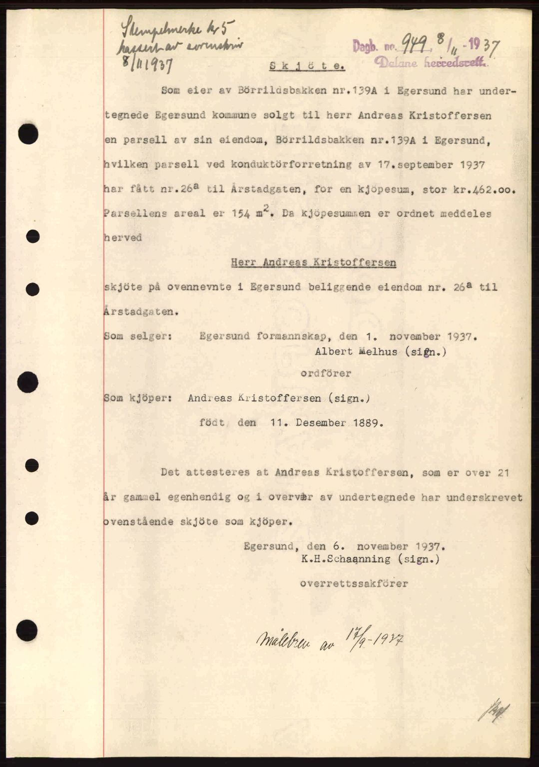 Dalane sorenskriveri, SAST/A-100309/02/G/Gb/L0041: Pantebok nr. A2, 1936-1937, Dagboknr: 949/1937