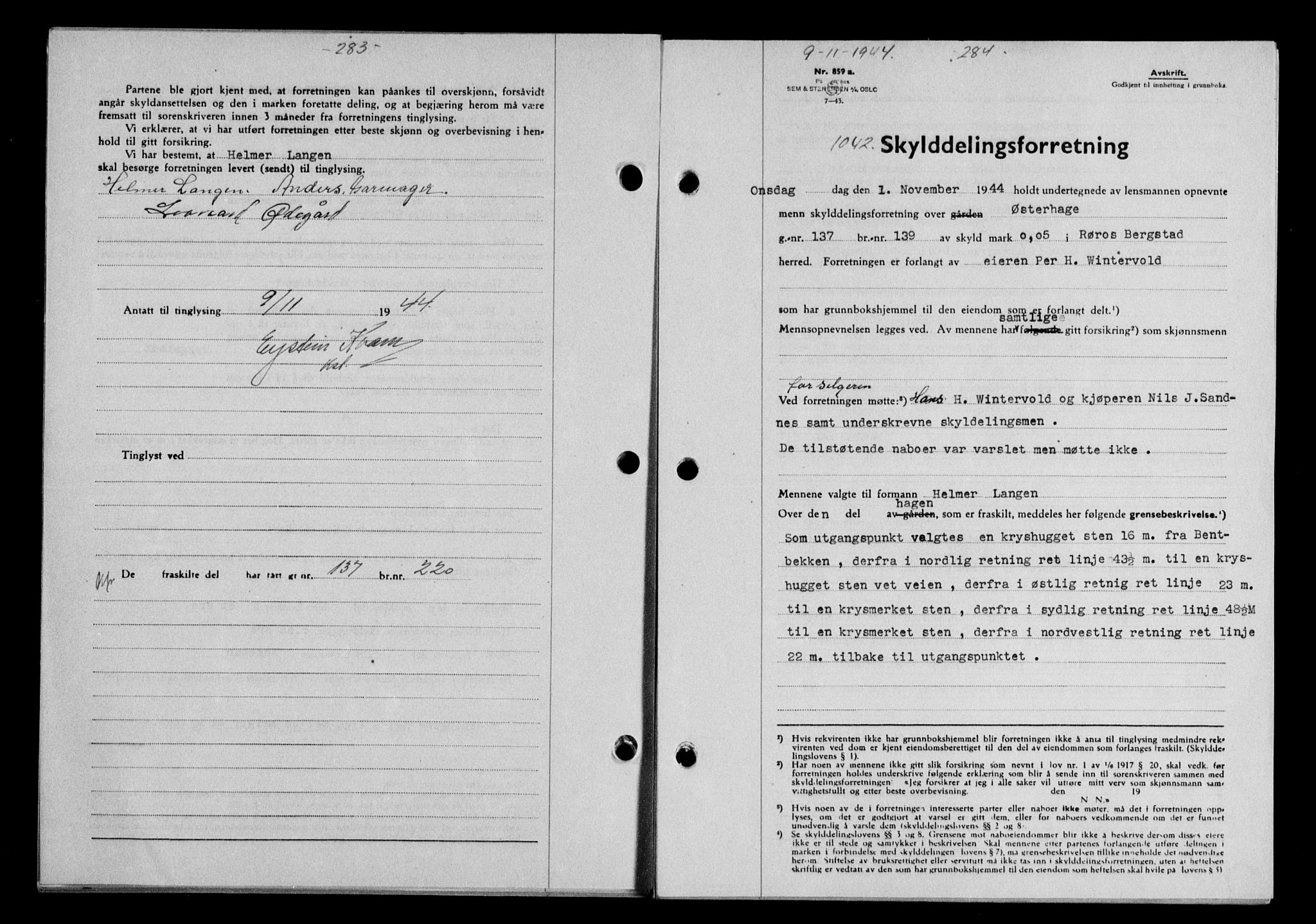 Gauldal sorenskriveri, SAT/A-0014/1/2/2C/L0058: Pantebok nr. 63, 1944-1945, Dagboknr: 1042/1944