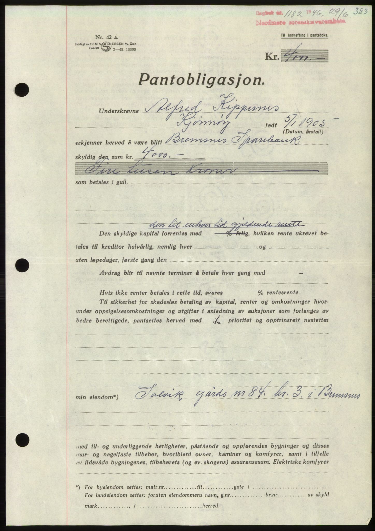 Nordmøre sorenskriveri, SAT/A-4132/1/2/2Ca: Pantebok nr. B94, 1946-1946, Dagboknr: 1182/1946