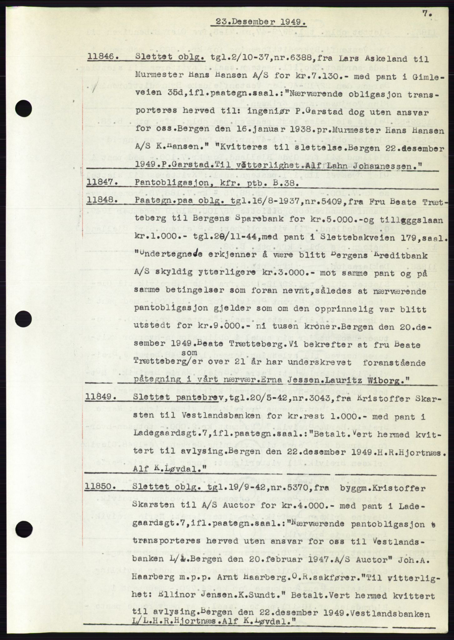 Byfogd og Byskriver i Bergen, AV/SAB-A-3401/03: Pantebok nr. C 38, 1949-1950, Dagboknr: 11846/1949