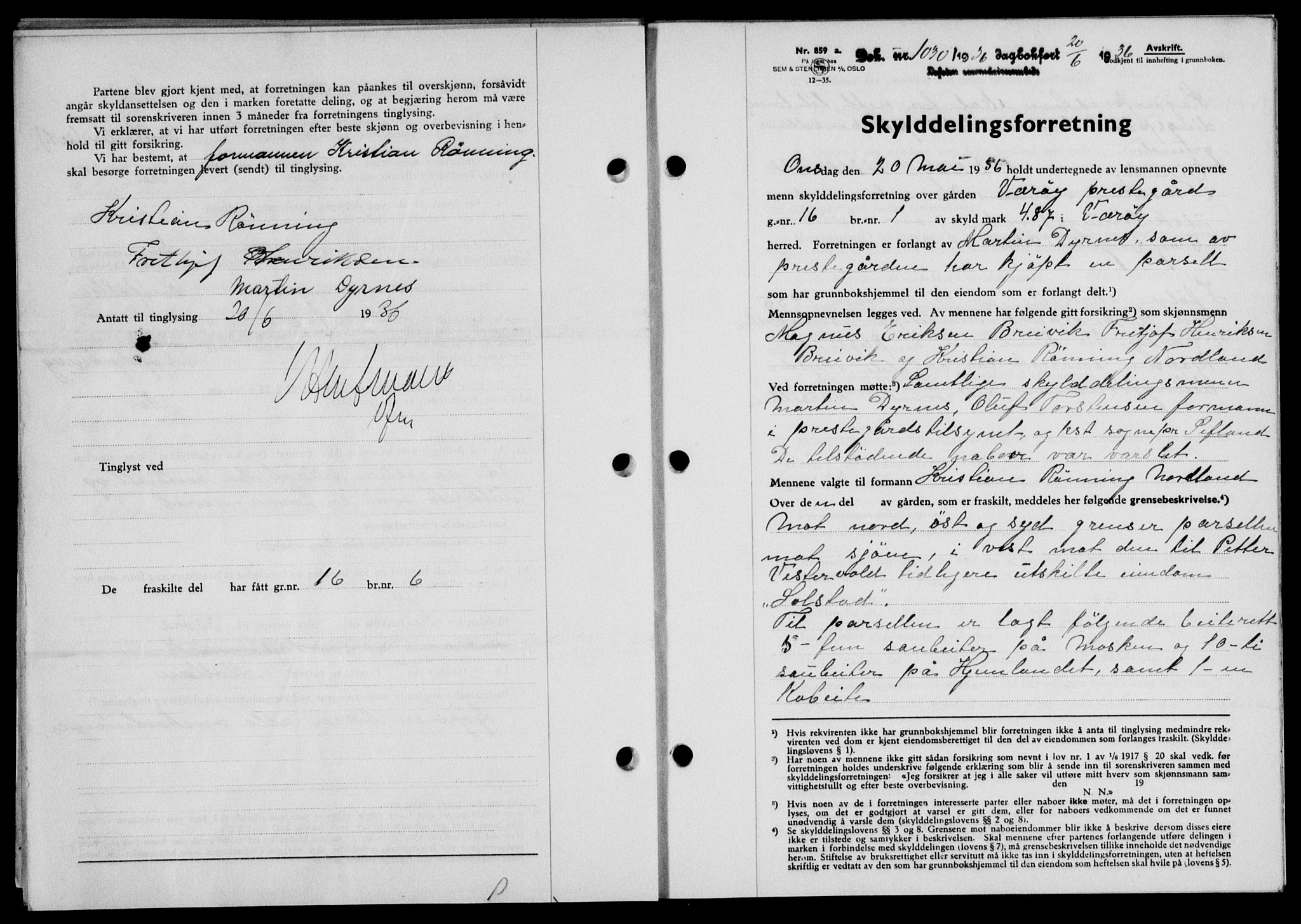 Lofoten sorenskriveri, SAT/A-0017/1/2/2C/L0033b: Pantebok nr. 33b, 1936-1936, Dagboknr: 1030/1936