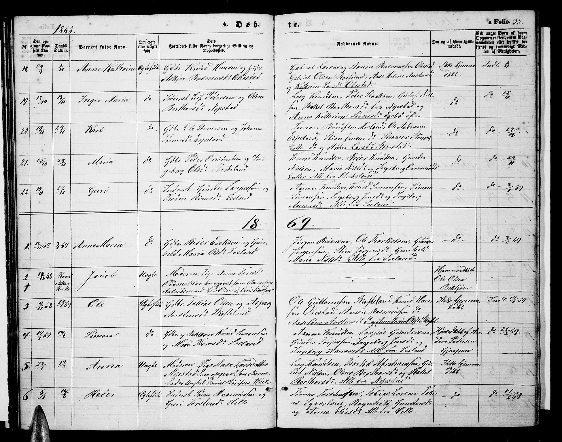 Nord-Audnedal sokneprestkontor, AV/SAK-1111-0032/F/Fb/Fba/L0002: Klokkerbok nr. B 2, 1856-1882, s. 35
