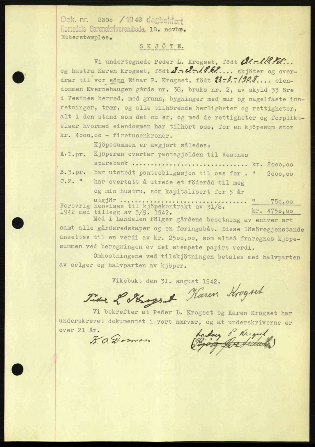 Romsdal sorenskriveri, SAT/A-4149/1/2/2C: Pantebok nr. A13, 1942-1943, Dagboknr: 2305/1942