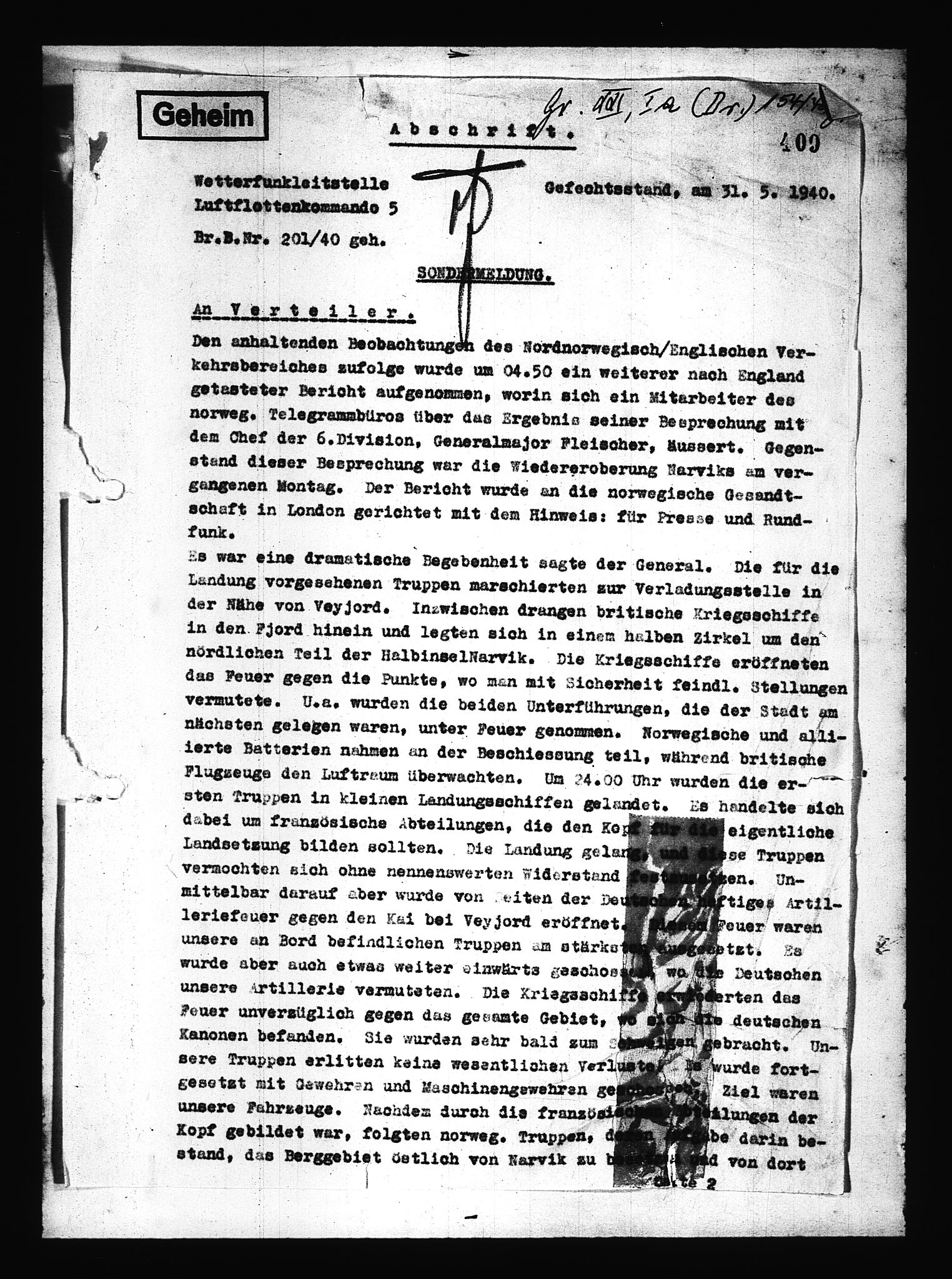 Documents Section, AV/RA-RAFA-2200/V/L0080: Amerikansk mikrofilm "Captured German Documents".
Box No. 719.  FKA jnr. 619/1954., 1940, s. 154
