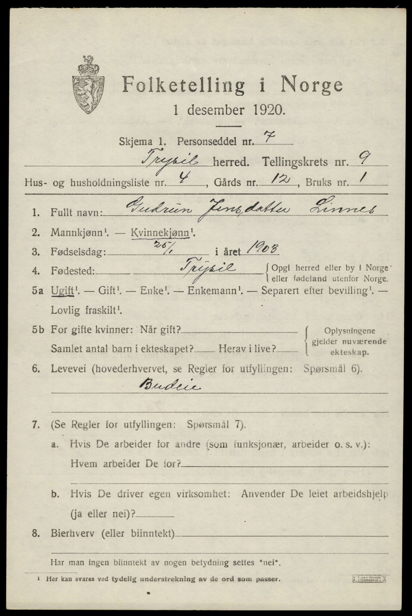SAH, Folketelling 1920 for 0428 Trysil herred, 1920, s. 6605