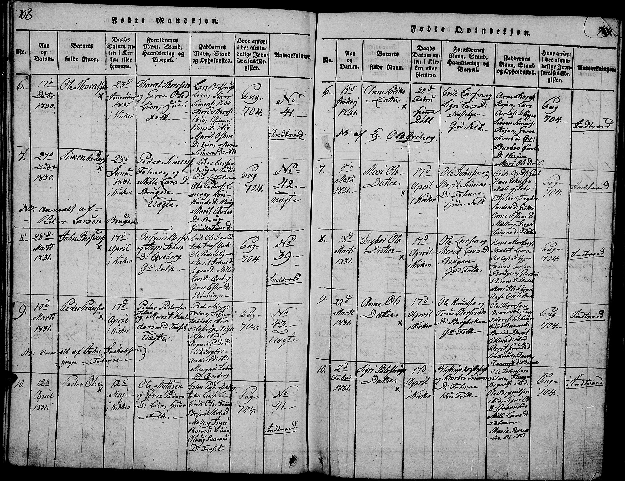 Tynset prestekontor, AV/SAH-PREST-058/H/Ha/Hab/L0002: Klokkerbok nr. 2, 1814-1862, s. 108-109