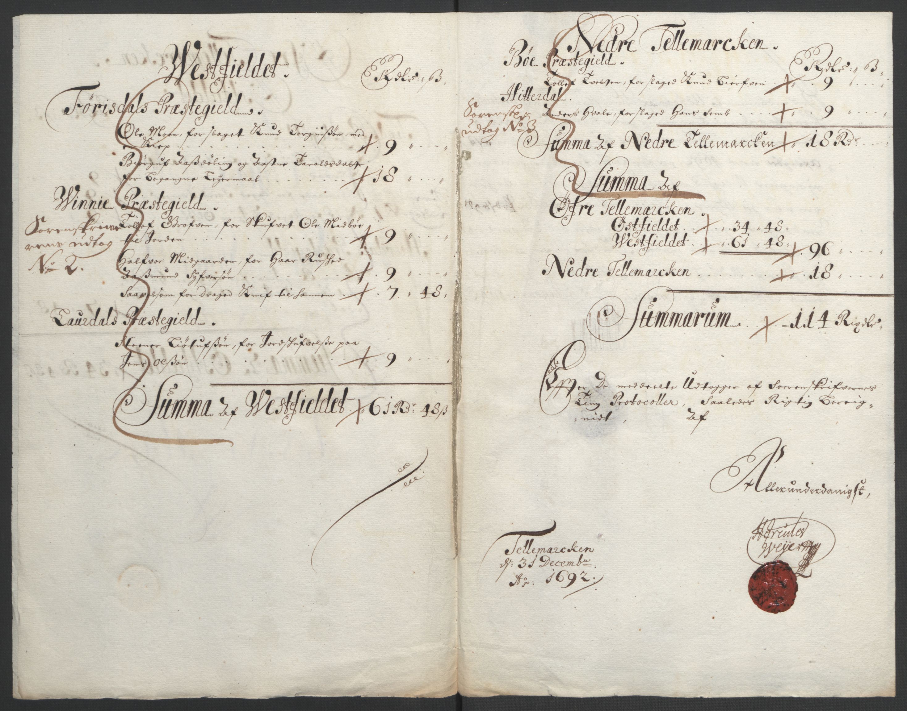 Rentekammeret inntil 1814, Reviderte regnskaper, Fogderegnskap, AV/RA-EA-4092/R35/L2090: Fogderegnskap Øvre og Nedre Telemark, 1692, s. 6