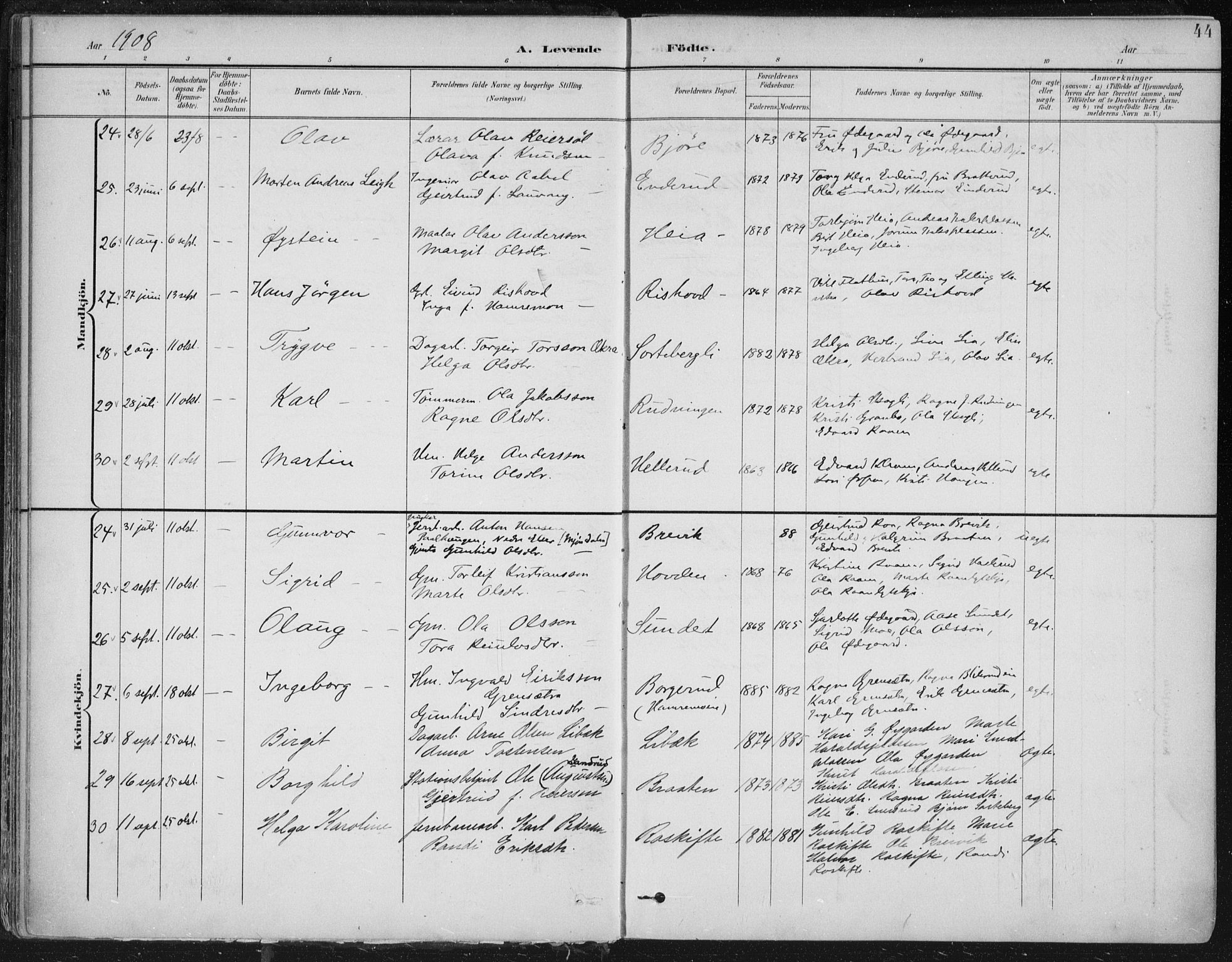 Krødsherad kirkebøker, AV/SAKO-A-19/F/Fa/L0007: Ministerialbok nr. 7, 1900-1915, s. 44