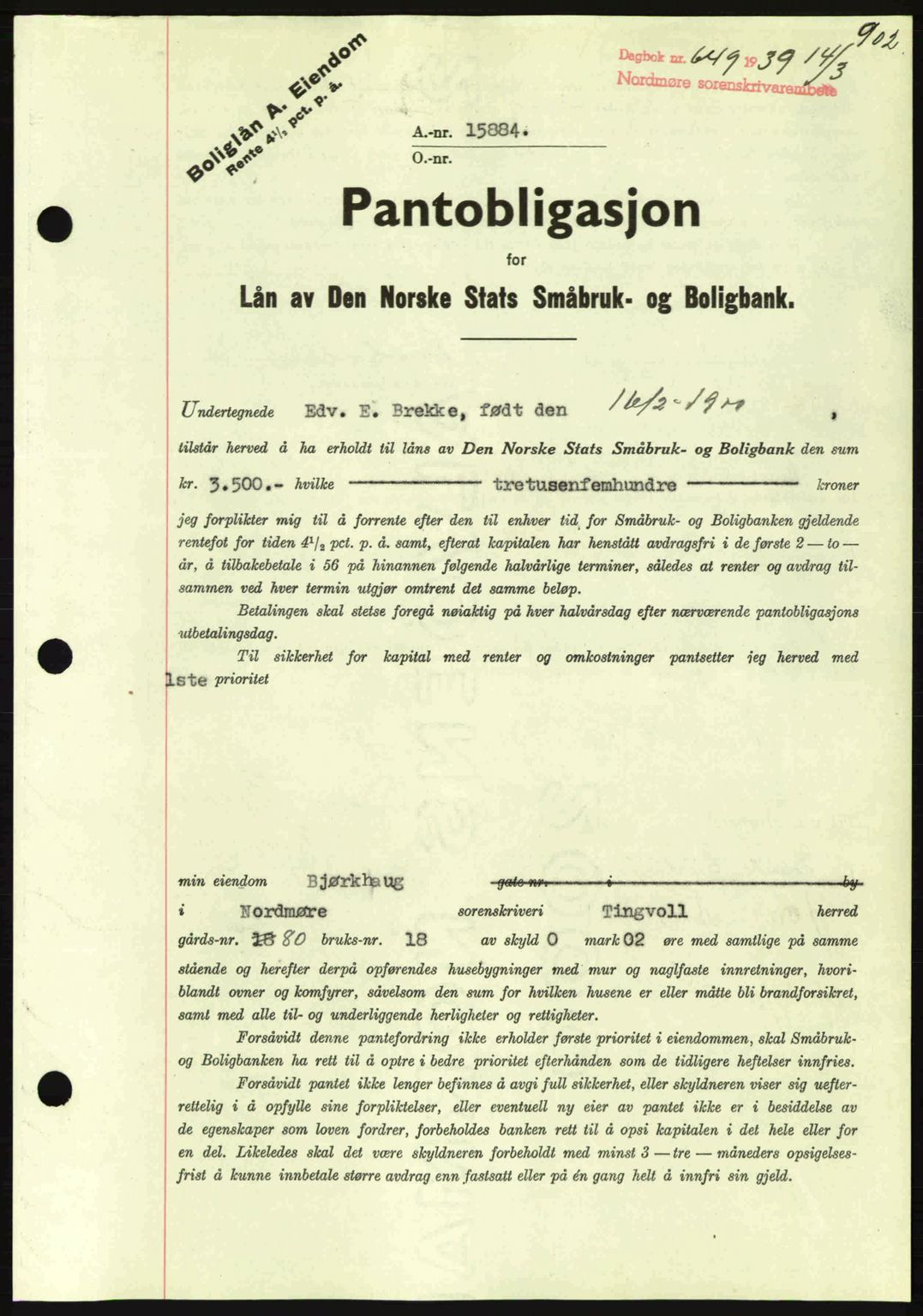 Nordmøre sorenskriveri, SAT/A-4132/1/2/2Ca: Pantebok nr. B84, 1938-1939, Dagboknr: 649/1939