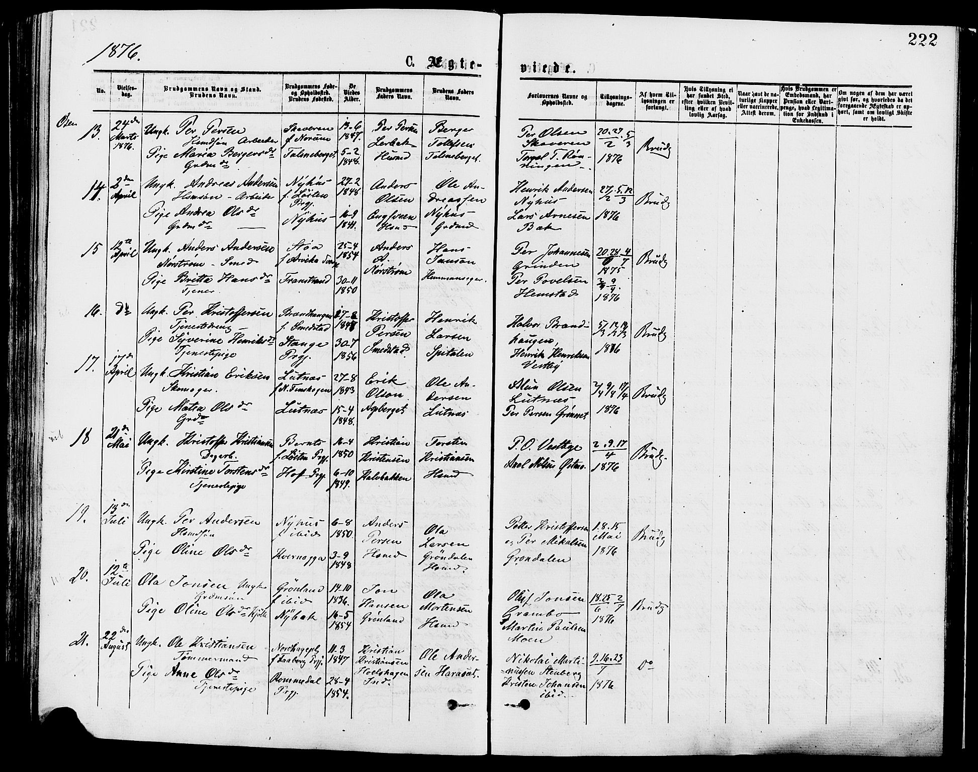 Trysil prestekontor, AV/SAH-PREST-046/H/Ha/Haa/L0007: Ministerialbok nr. 7, 1874-1880, s. 222