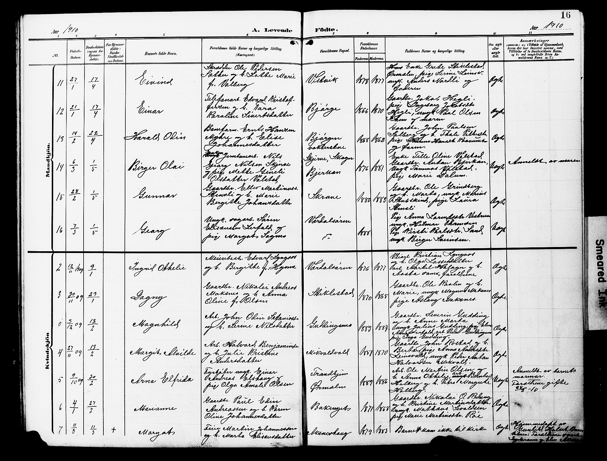 Ministerialprotokoller, klokkerbøker og fødselsregistre - Nord-Trøndelag, AV/SAT-A-1458/723/L0258: Klokkerbok nr. 723C06, 1908-1927, s. 16