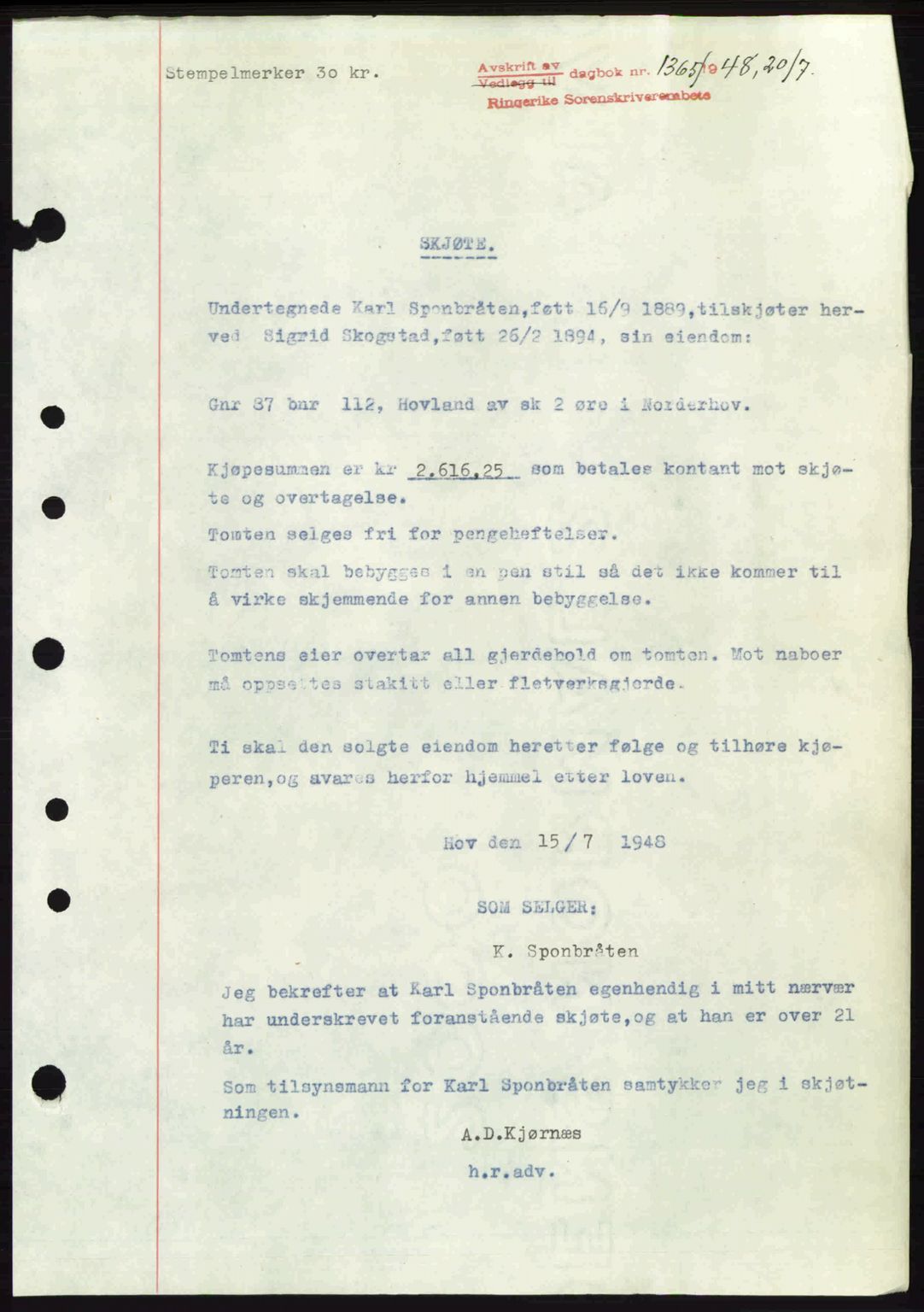 Ringerike sorenskriveri, SAKO/A-105/G/Ga/Gab/L0088: Pantebok nr. A-19, 1948-1948, Dagboknr: 1365/1948