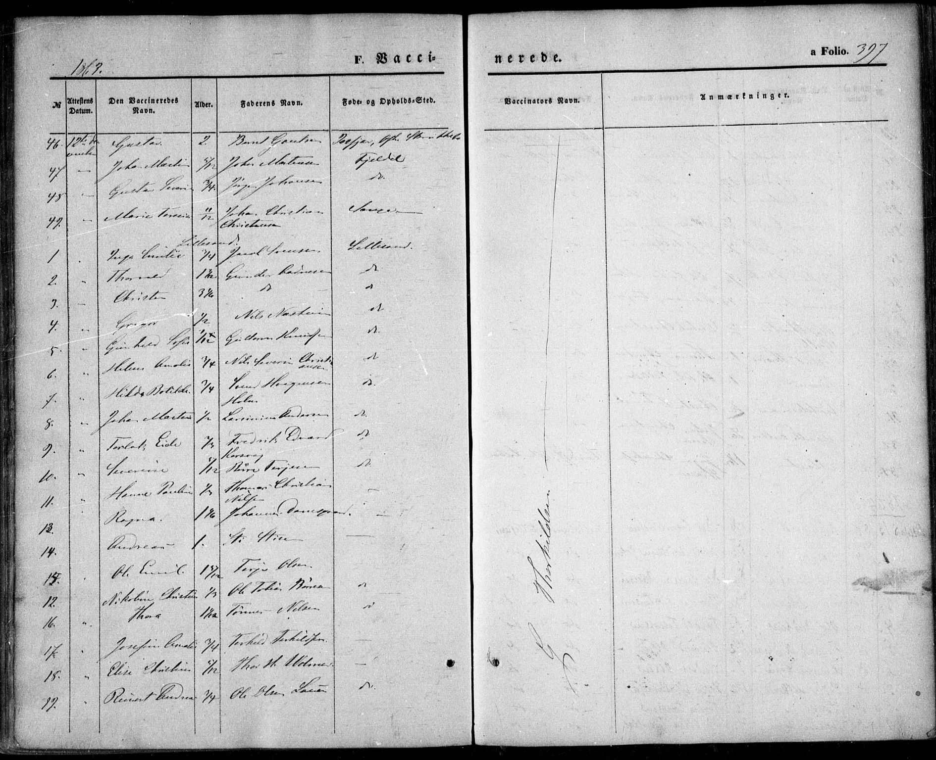 Vestre Moland sokneprestkontor, SAK/1111-0046/F/Fa/Fab/L0007: Ministerialbok nr. A 7, 1859-1872, s. 397