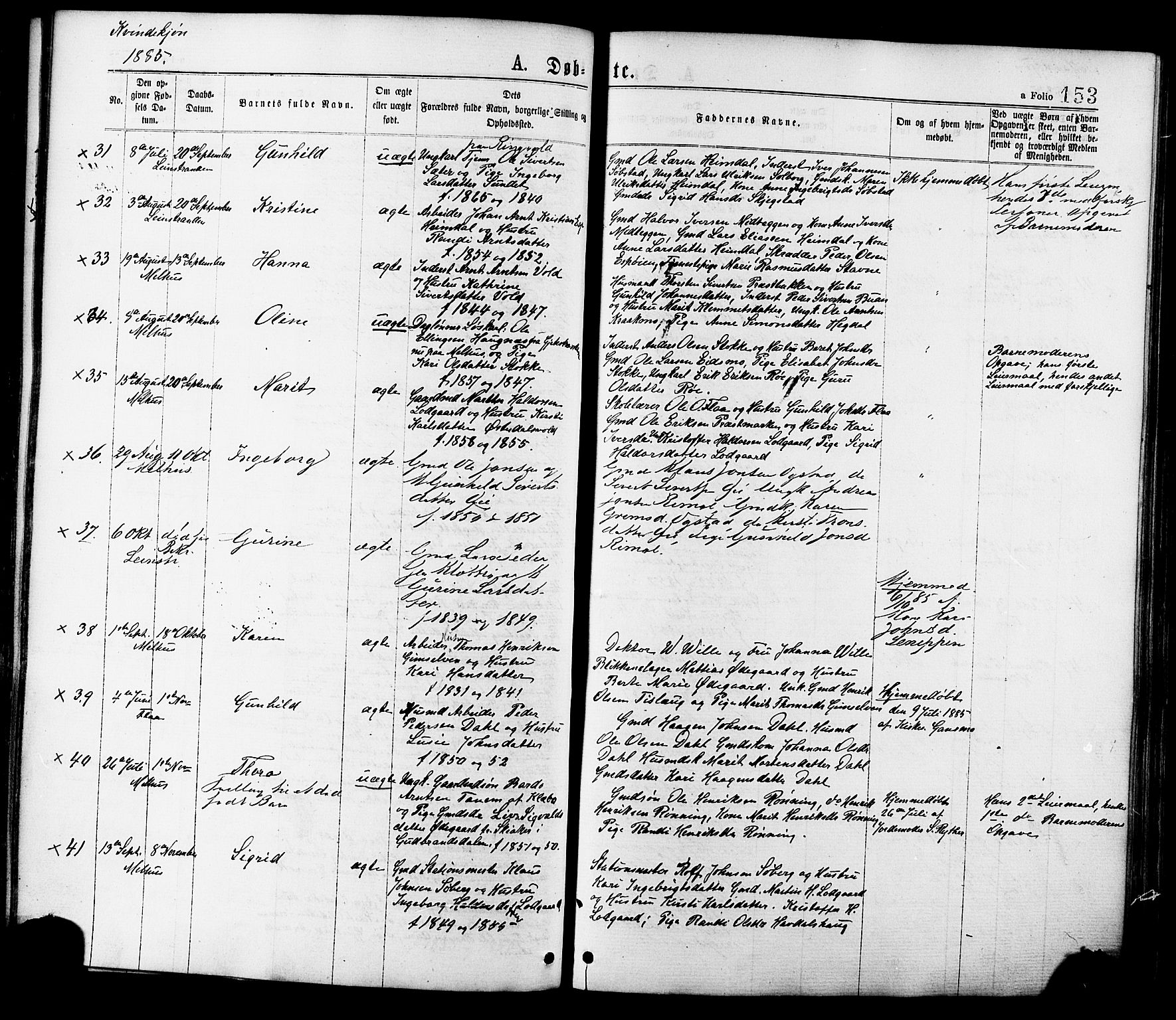 Ministerialprotokoller, klokkerbøker og fødselsregistre - Sør-Trøndelag, SAT/A-1456/691/L1079: Ministerialbok nr. 691A11, 1873-1886, s. 153