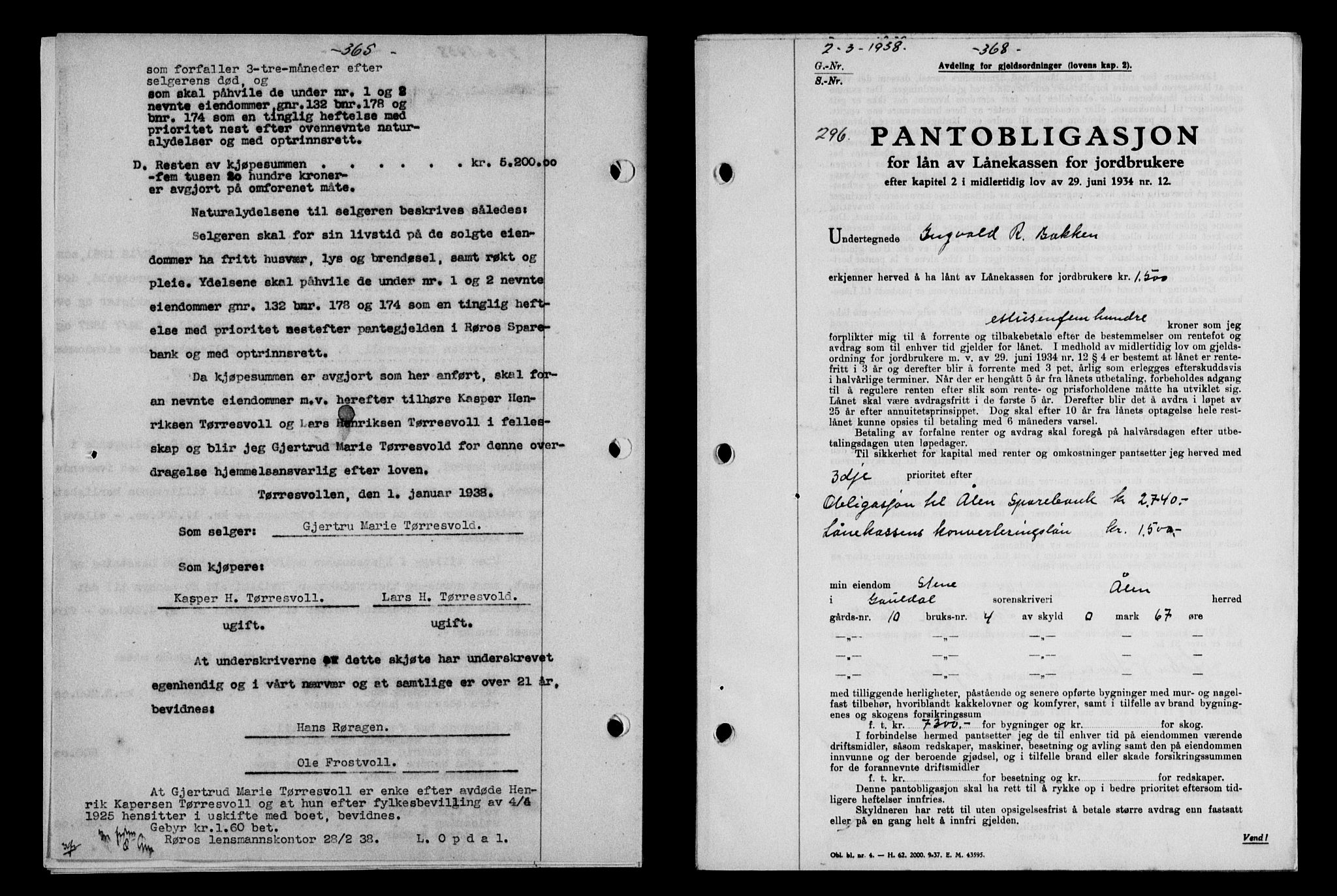 Gauldal sorenskriveri, SAT/A-0014/1/2/2C/L0048: Pantebok nr. 51-52, 1937-1938, s. 365, Dagboknr: 296/1938