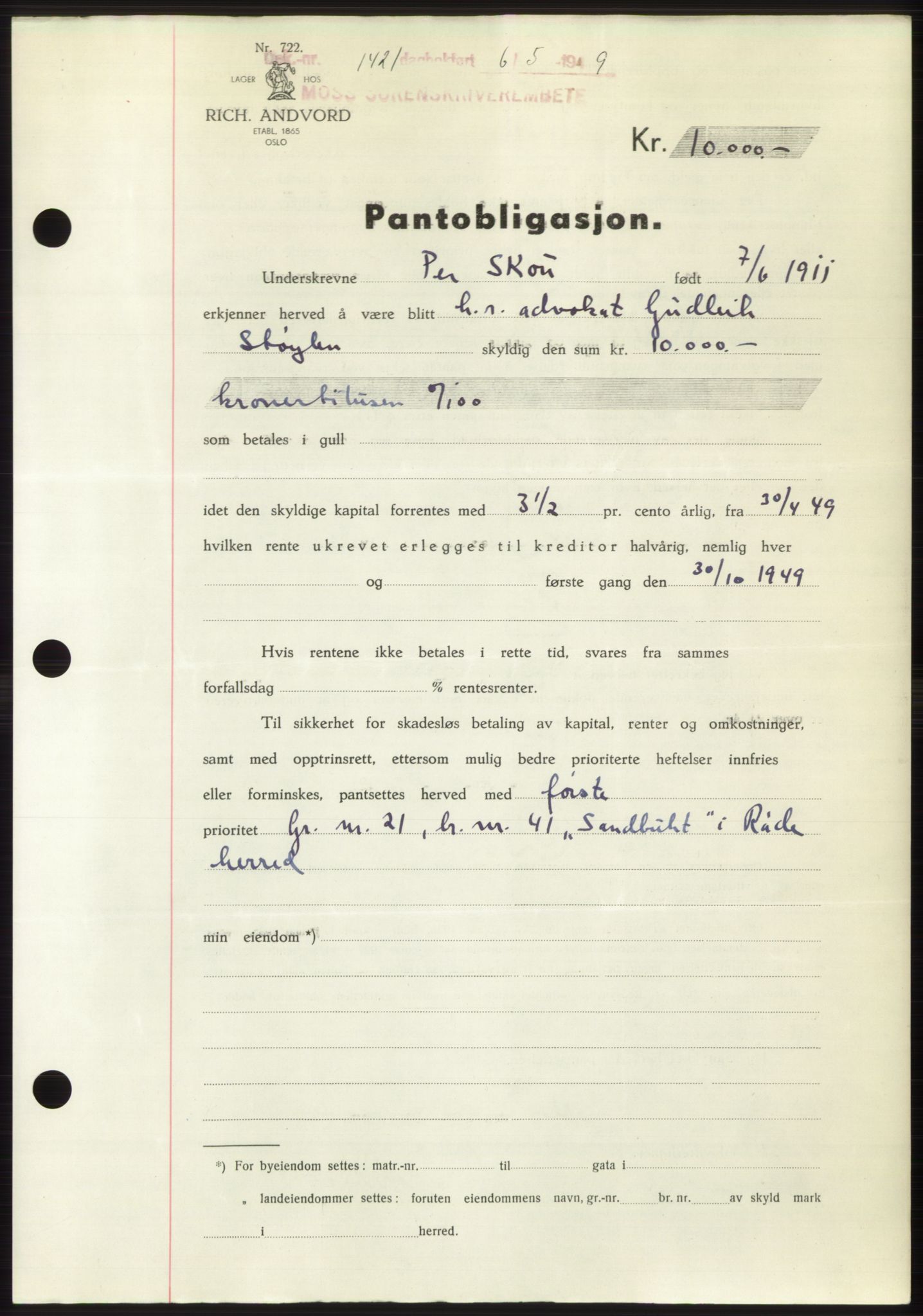 Moss sorenskriveri, SAO/A-10168: Pantebok nr. B21, 1949-1949, Dagboknr: 1421/1949
