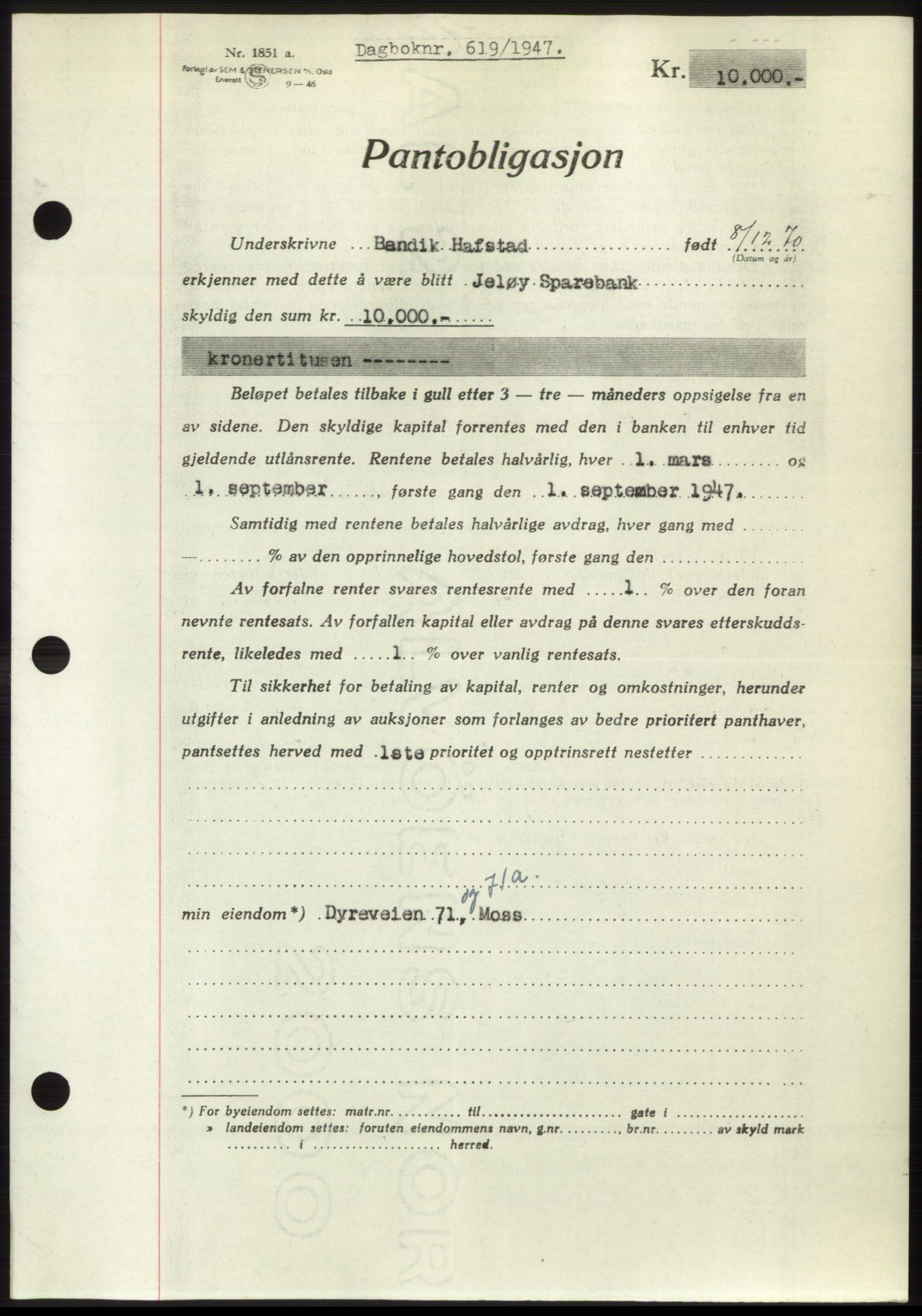 Moss sorenskriveri, SAO/A-10168: Pantebok nr. B16, 1946-1947, Dagboknr: 619/1947
