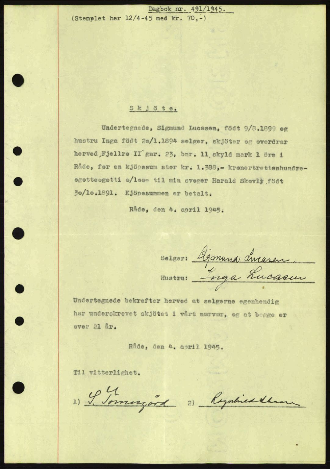 Moss sorenskriveri, SAO/A-10168: Pantebok nr. A13, 1944-1945, Dagboknr: 491/1945