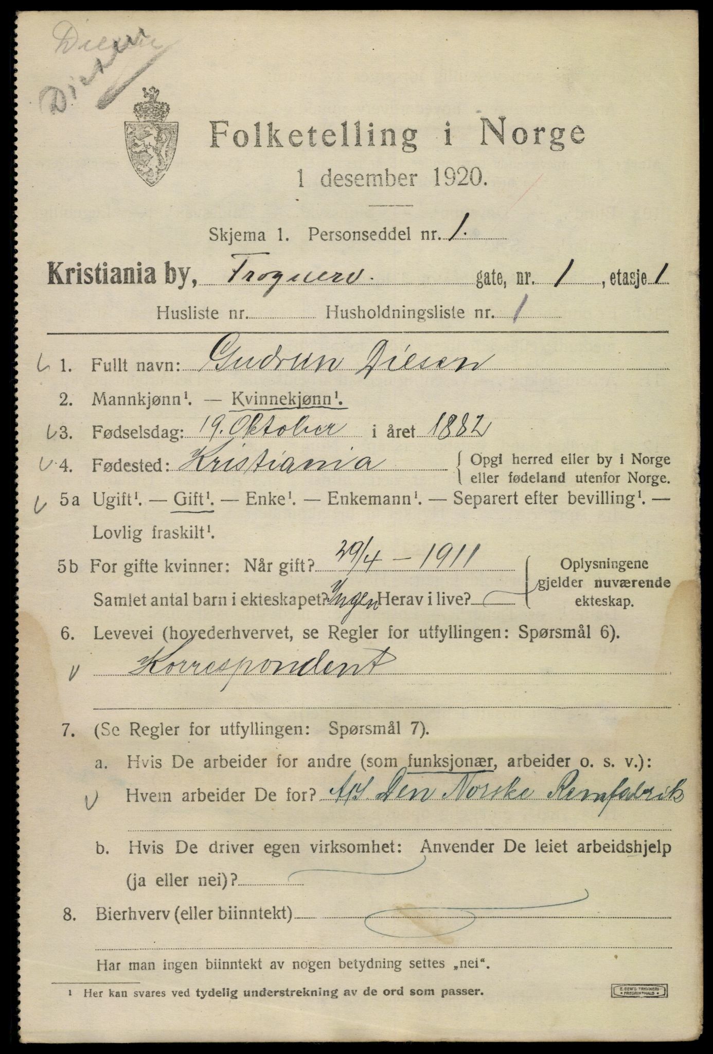 SAO, Folketelling 1920 for 0301 Kristiania kjøpstad, 1920, s. 240197