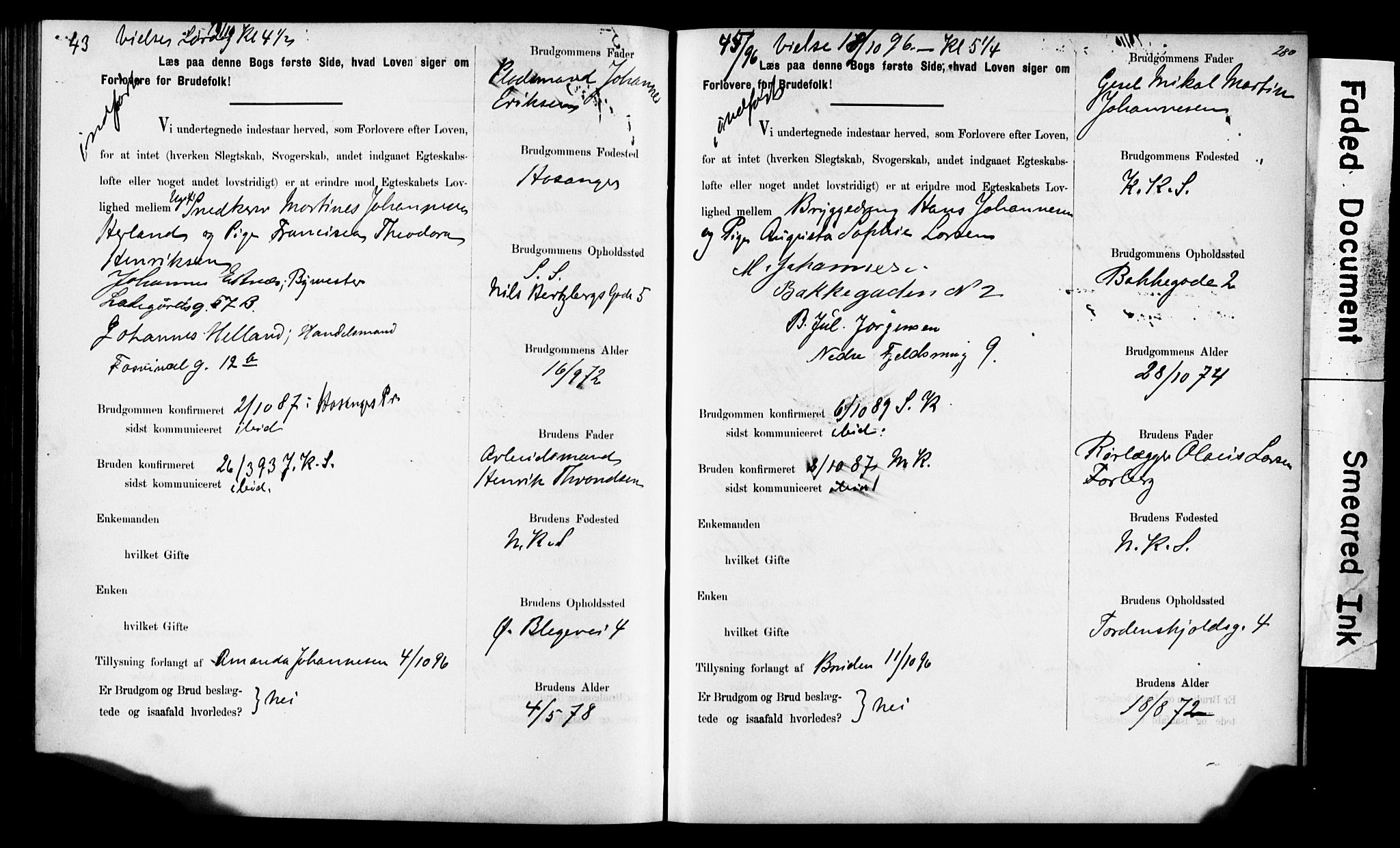 Korskirken sokneprestembete, SAB/A-76101: Forlovererklæringer nr. II.5.6, 1889-1898, s. 280