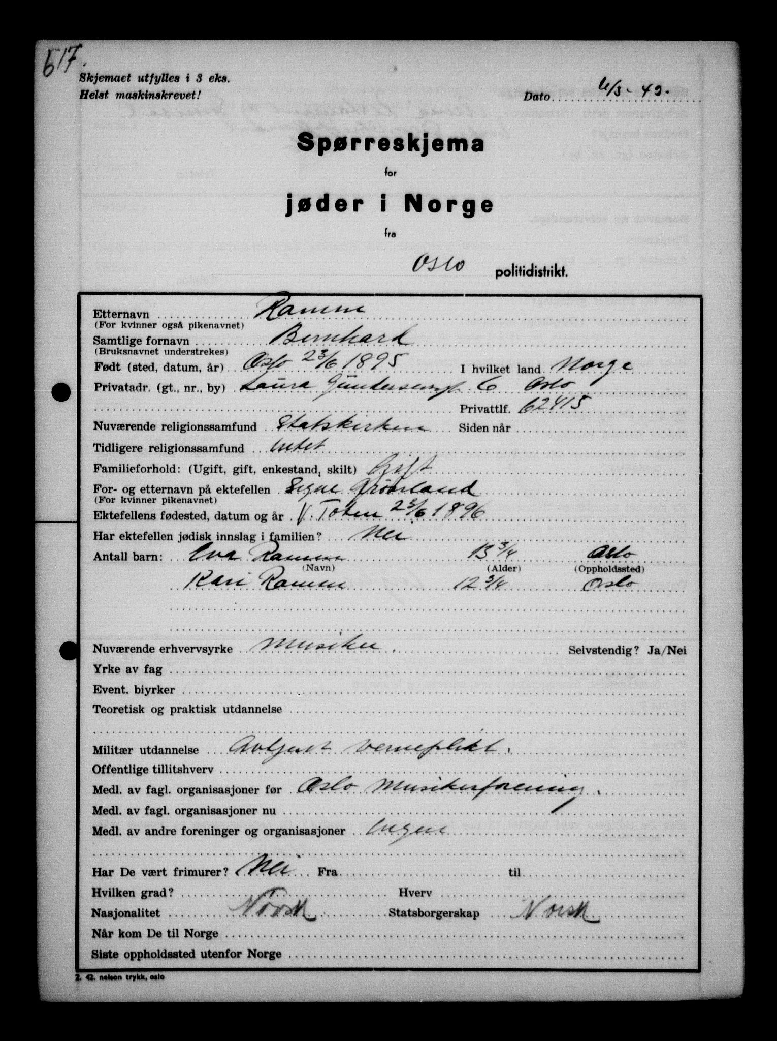 Statspolitiet - Hovedkontoret / Osloavdelingen, AV/RA-S-1329/G/Ga/L0011: Spørreskjema for jøder i Norge. 1: Oslo 610-806 (Plavnik-Zwillinger). 2: Aker 1-113 (Adler-Lewin). , 1942, s. 27