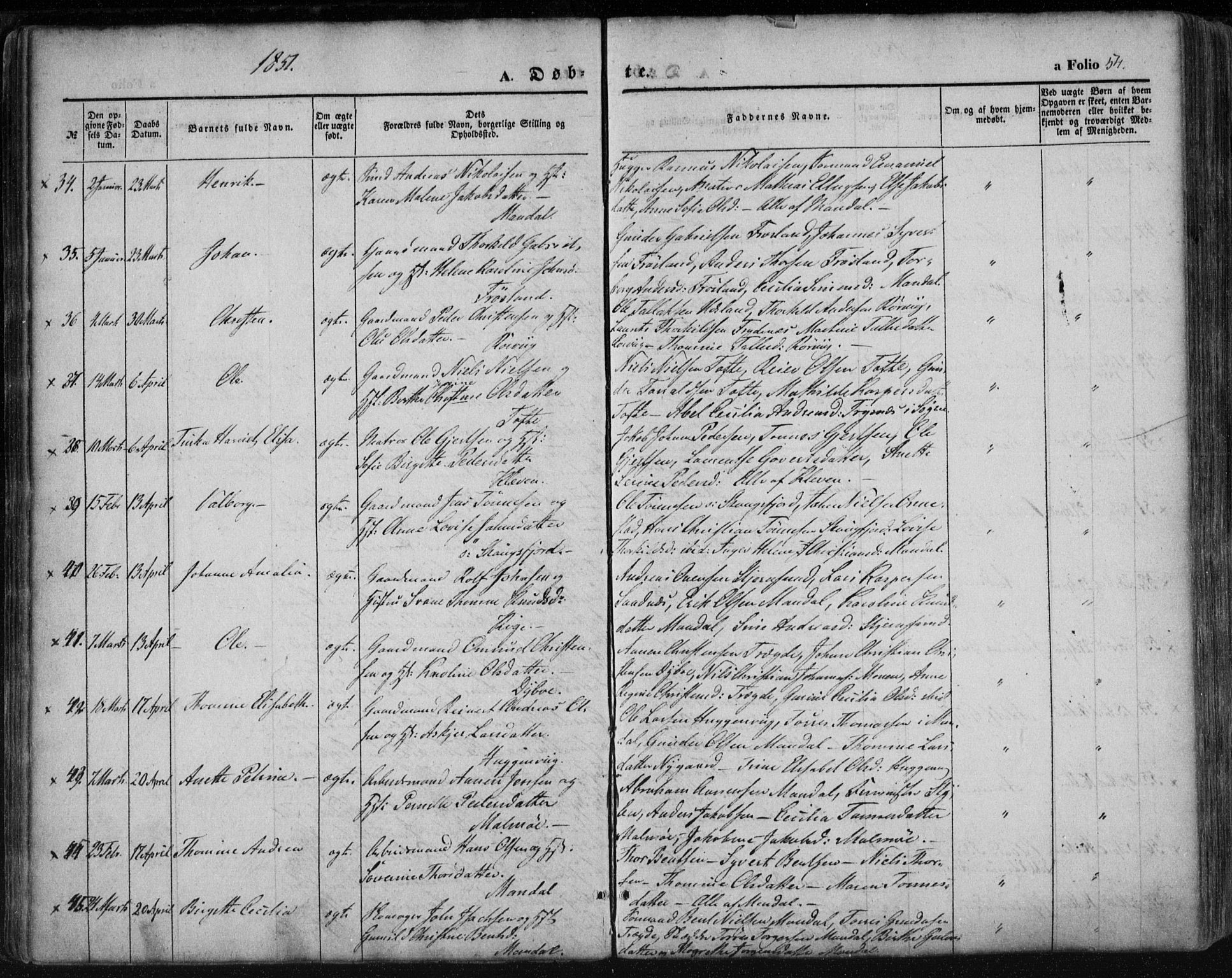 Mandal sokneprestkontor, AV/SAK-1111-0030/F/Fa/Faa/L0013: Ministerialbok nr. A 13, 1847-1859, s. 54